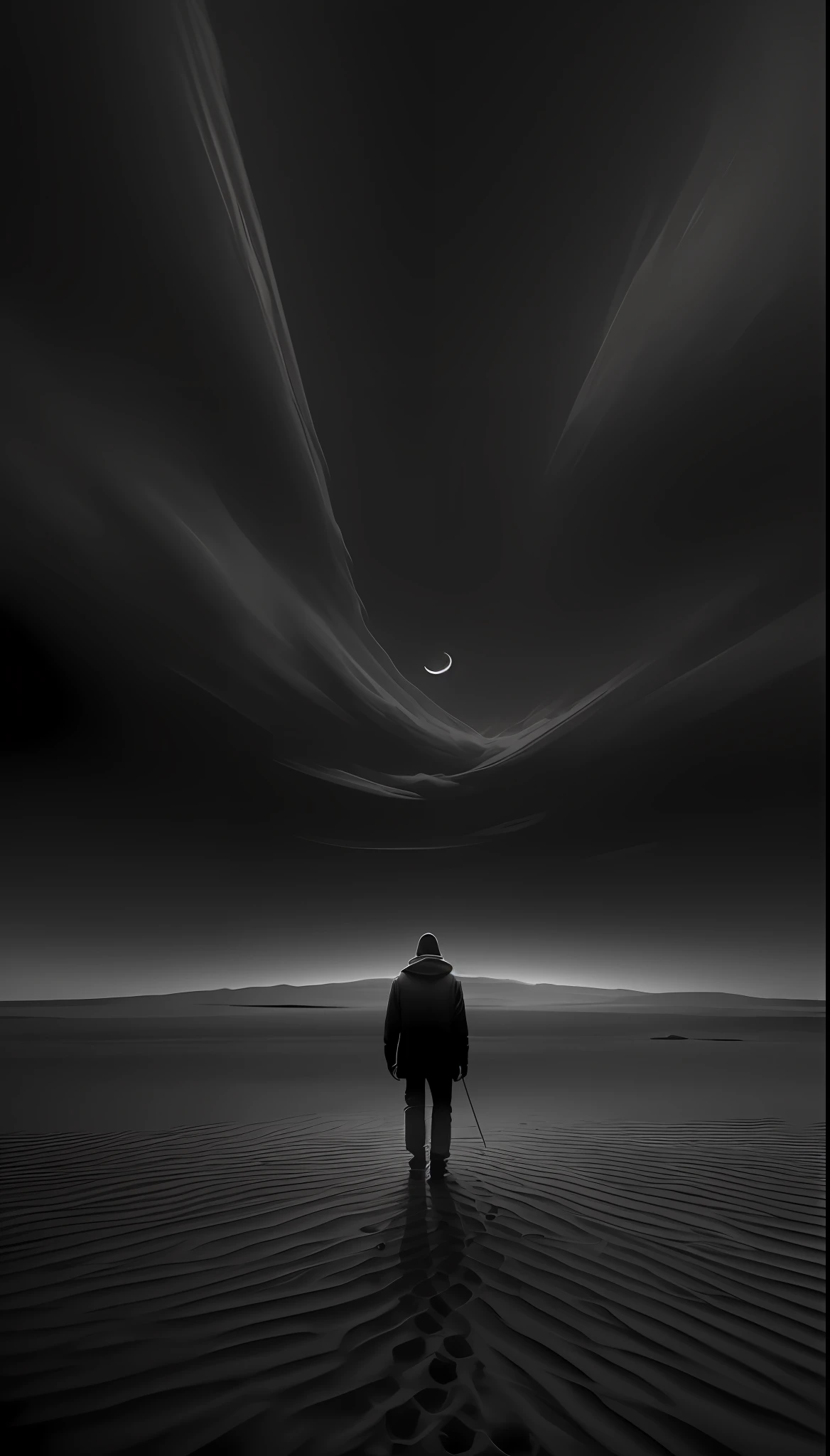 There is a lonely man walking in the desert, (the position of the character in the center of the image) a little crescent in the sky, grayish dark black sky background and cloudy dark sky, grainy black and white lenses, dark cloudy background, ominous atmosphere, surrealism, hyperrealism, minimalism, cinematic lighting, chiaroscuro, ray tracing, halftone, looking up view, 12k best quality, masterpiece, high resolution, subject color is black-gray tone