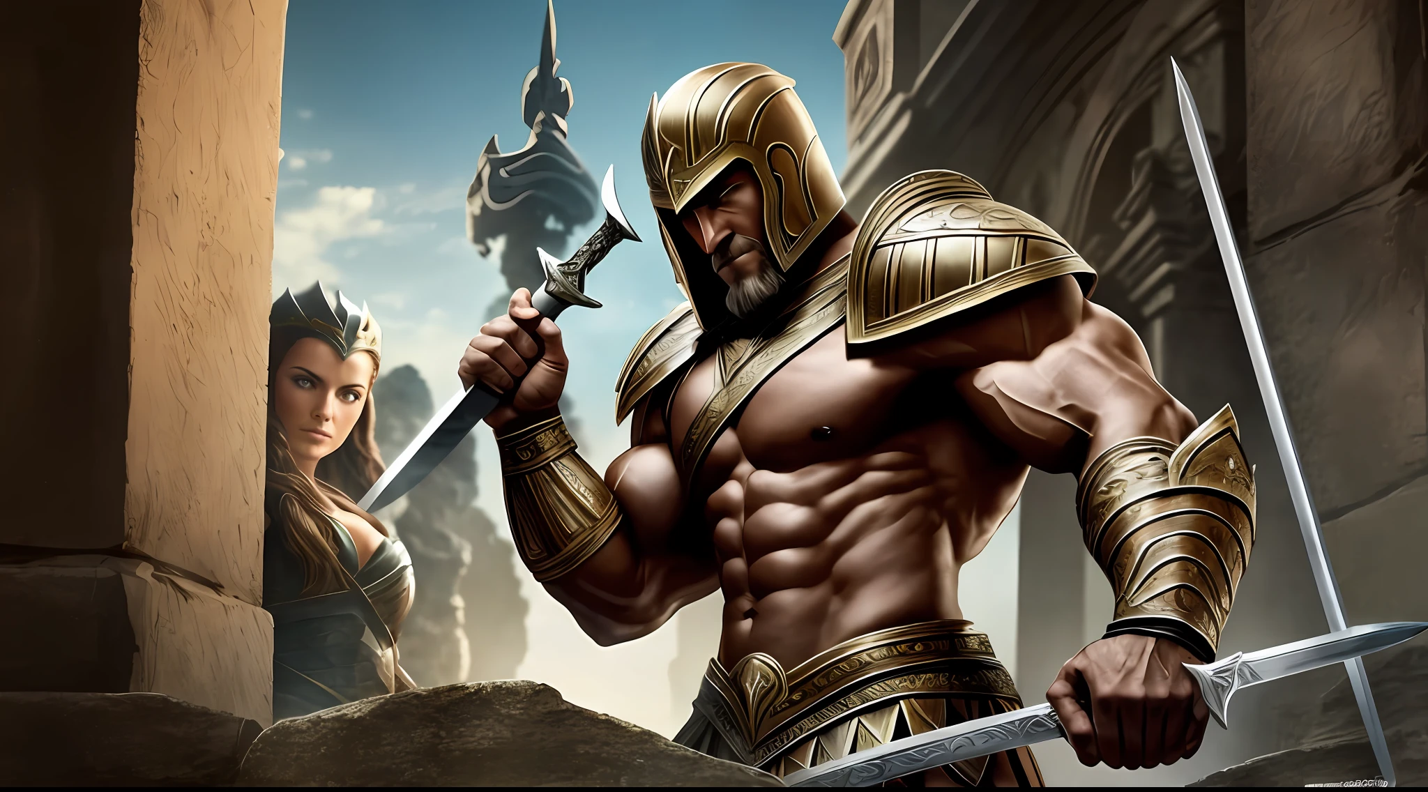 muscular spartan holding sword looking into the camera ignoring a beautiful women. --auto --s2