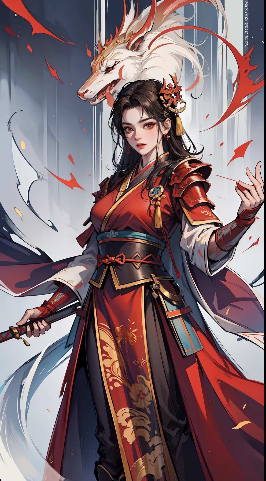 chinoiserie,The background is the ancient Chinese battlefield,An ancient Chinese female general、Holding a matching sword in his hand、Red robes、ARMOUR、A full body,Clear facial features,grim expression,Amazing facial features,Yellow sand is flying in the sky,Fleeing crowds,firelight,Game model,C4D, OCrenderer, edge light,The light is delicate,masterpieces,hyperdetailed,epic composition,Super HD,Quality,Max Quality,32k