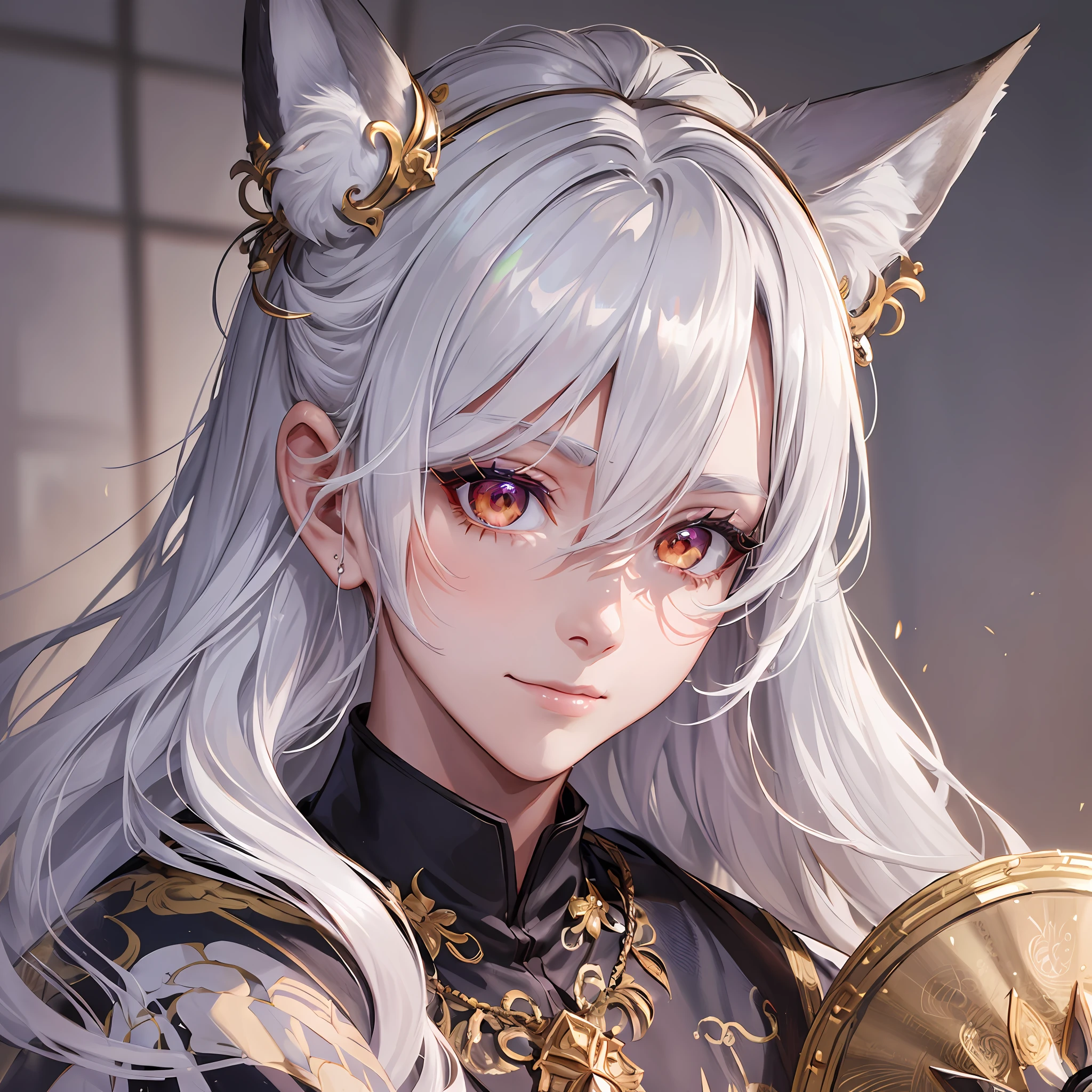 (((1boy))), ((toned)), male focus, masterpiece, high quality, (masterpiece:1.2), (best quality:1.2), shiny skin, realistic, ornate, intricate, white fox ears, ((white hair)), (long hair), gold eyes, scar _on_face, bangs, hair between eyes, hair_stick, fox_boy, japanese_clothes, jewelry, solo, pointy_ears, hair_bun, hair_ornament, hair_pin, holding_fan, paper_fan, elegant, looking_at_viewer, holding_fan, red_eyeliner, FH, crazy eyes, staring at viewer, constricted pupils, dynamic pose, (shadows casted over face:1.3), dark room, shadow room, crazy smile, (upper body),