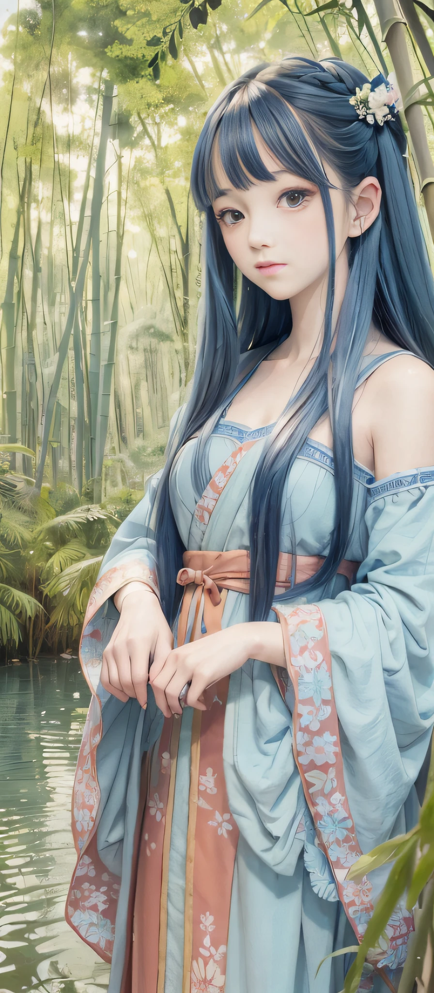 Masterpiece, Best Quality, Official Art, 8k Wallpaper, Very Detailed, Illustration, 1 Girl, Sky Blue Hair, Long Hair, Detailed Eyes, Forrest Gump, Bare Shoulders, Hanfu, Lake, Pure, Soft Smile, bamboo, tea