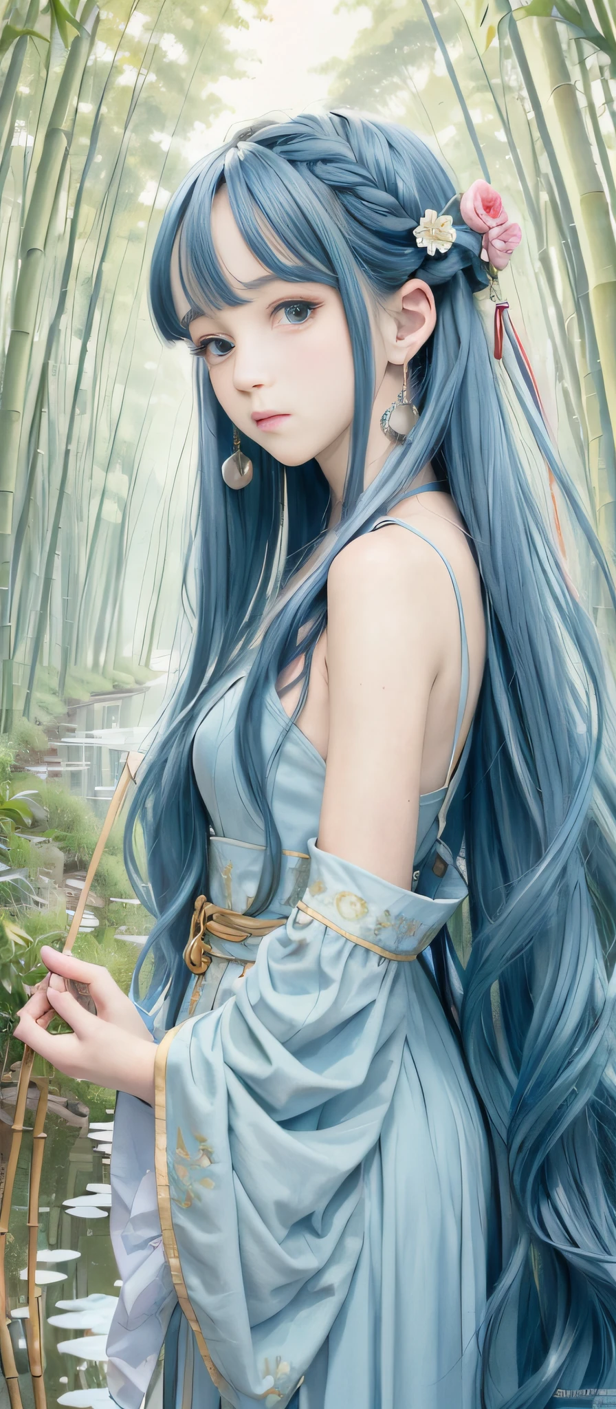 Masterpiece, Best Quality, Official Art, 8k Wallpaper, Very Detailed, Illustration, 1 Girl, Sky Blue Hair, Long Hair, Detailed Eyes, Forrest Gump, Bare Shoulders, Hanfu, Lake, Pure, Soft Smile, bamboo, tea
