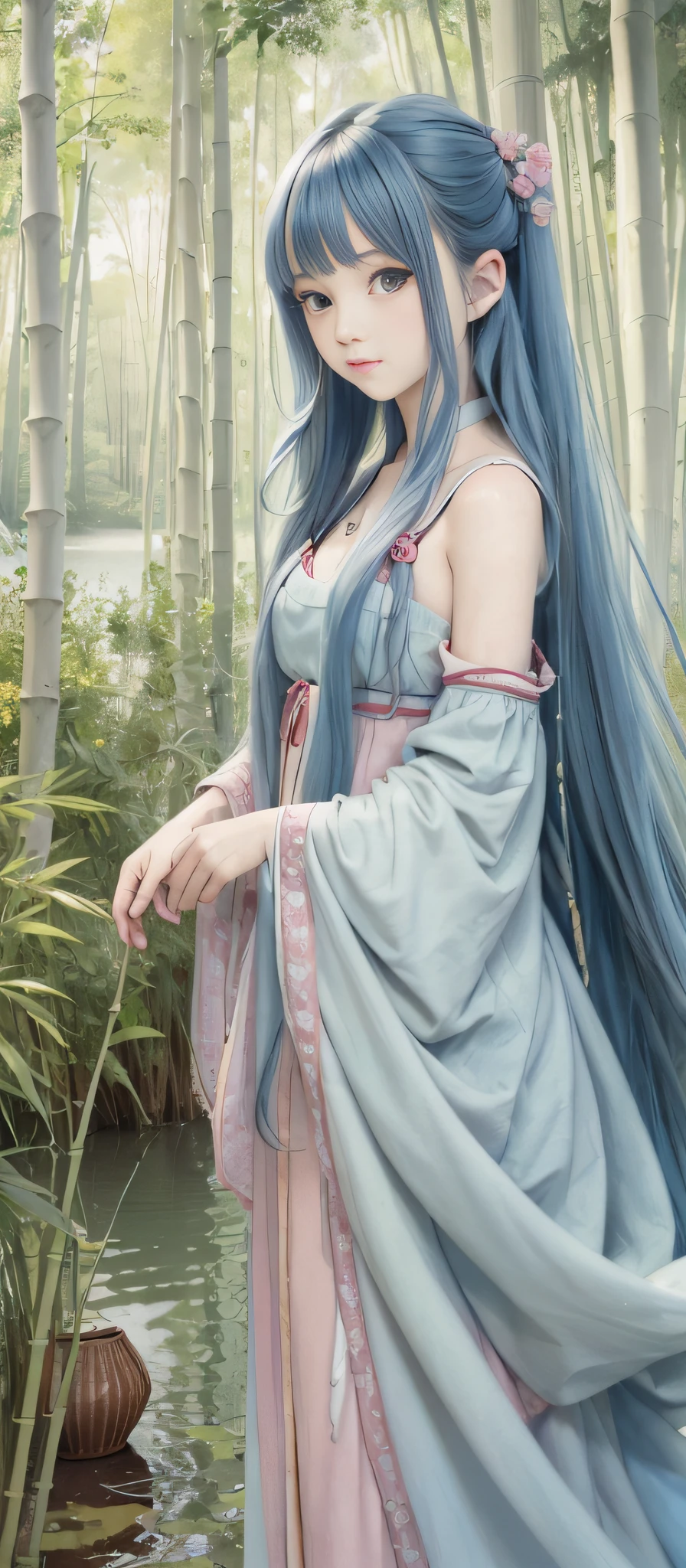 Masterpiece, Best Quality, Official Art, 8k Wallpaper, Very Detailed, Illustration, 1 Girl, Sky Blue Hair, Long Hair, Detailed Eyes, Forrest Gump, Bare Shoulders, Hanfu, Lake, Pure, Soft Smile, bamboo, tea