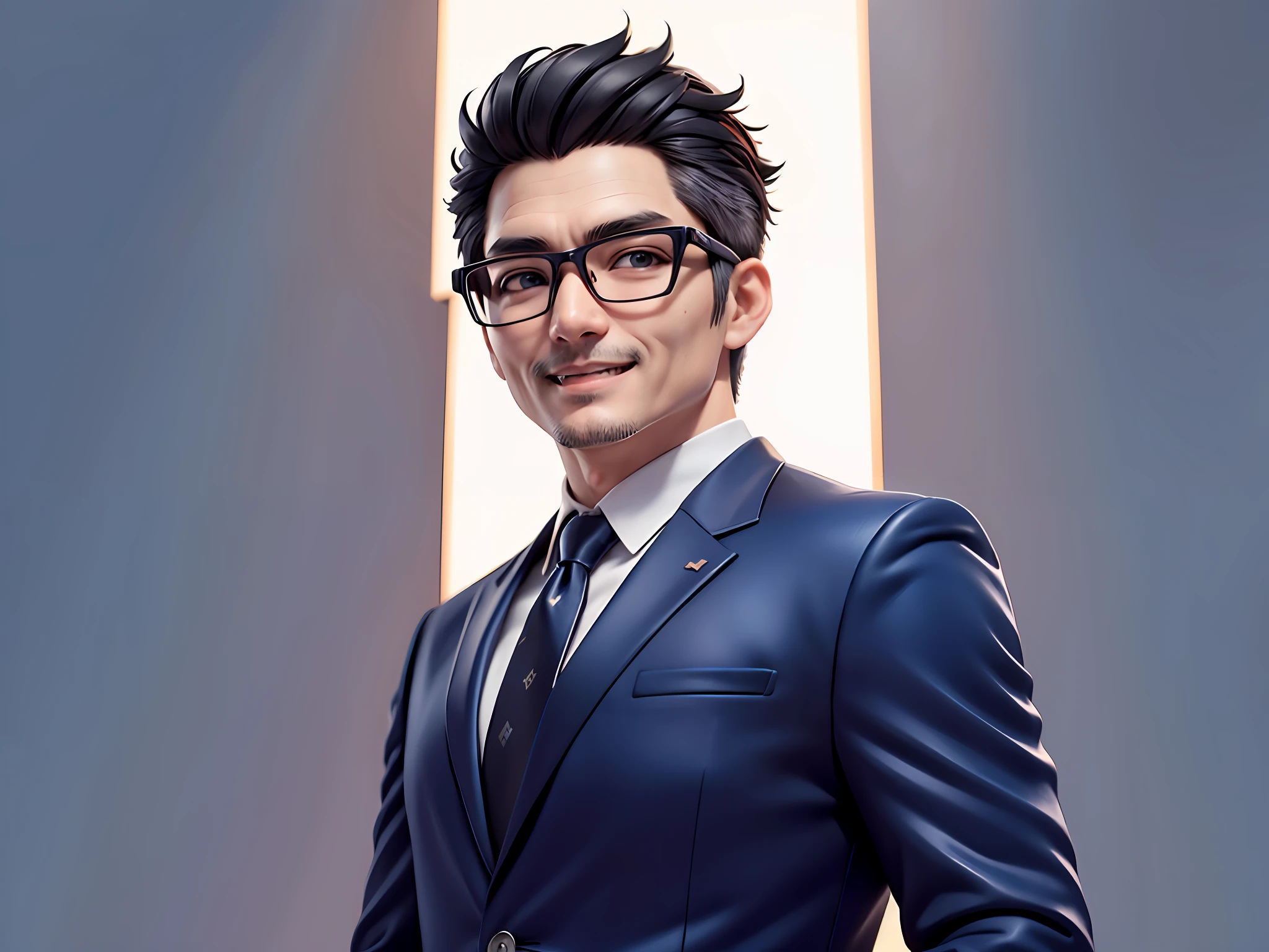 Taiwanese middle-aged uncle male portrait, extremely detailed face, black hair, (super short hair) middle-aged handsome uncle, Taiwanese man, silver glasses, slightly chubby face, very clean face, black super short hair, black eyes, black suit, blue tie, confident smile, digital painting, film, character design of Mark Laedon and Pixar and Hayao Miyazaki, the illustration is a 4K resolution HD illustration with very detailed facial features and cartoon-style visuals.
