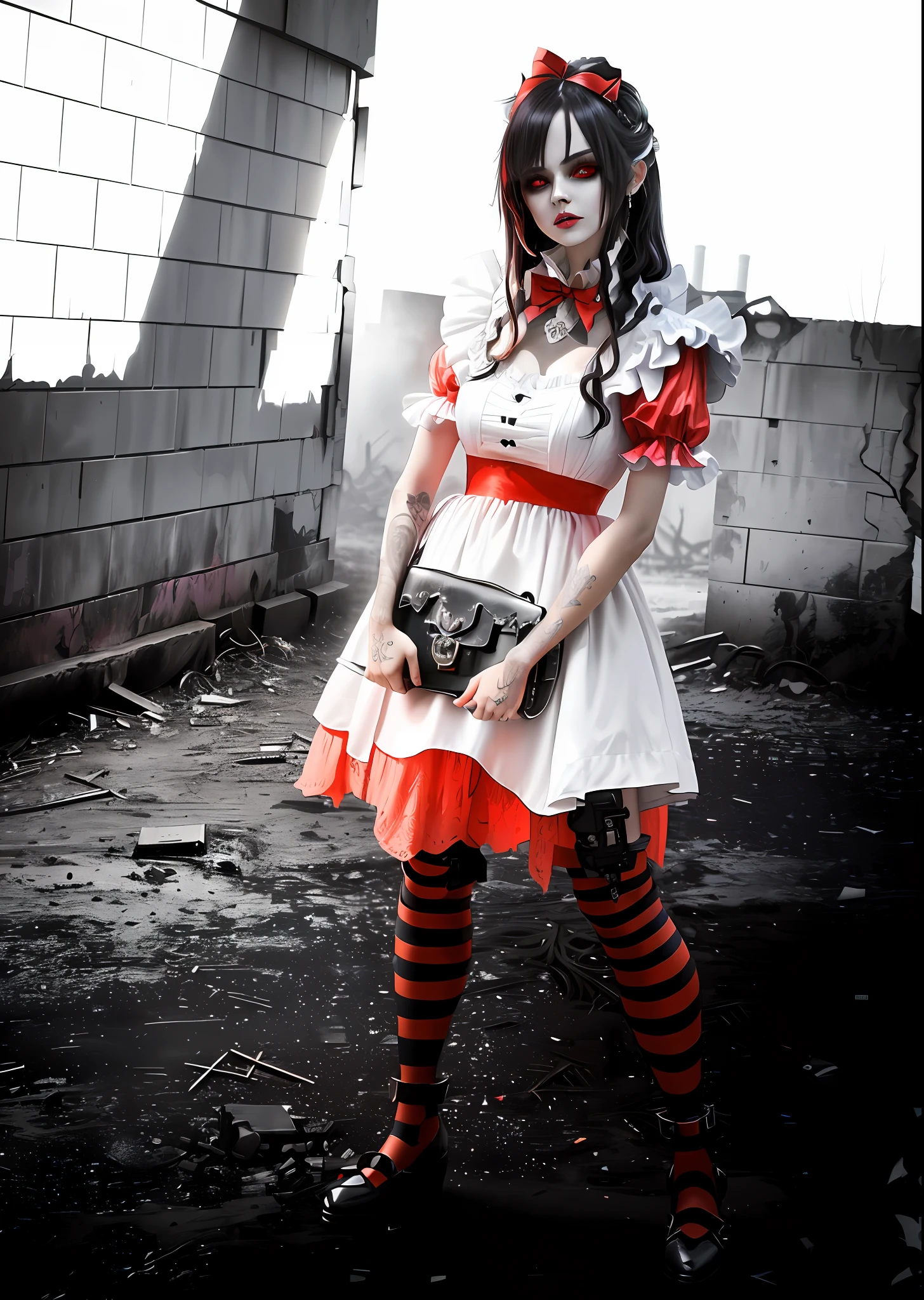 girl, blood at the corner of the mouth, battlefield, red, dirty glass, mutilated top, machinery, zombies