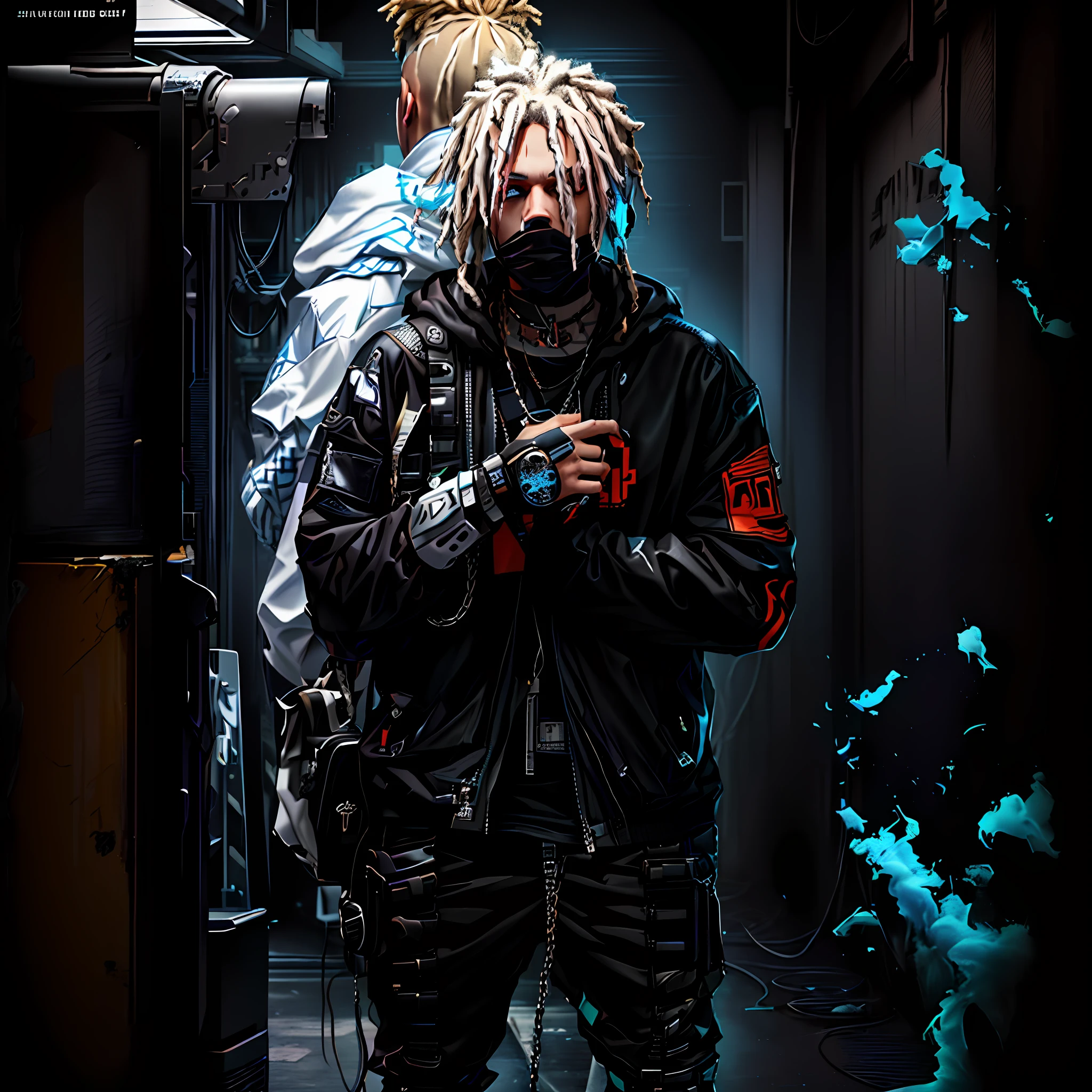 arafed man with dreadlocks and a hoodie standing, hair half white, hair half brown, blue eyes, dreads, dreadlocks, american man, caucasian man, european man, white man, blue eyes, chains, rings, holding a microphone, lil peep, masked, shinobi, alternate album cover, album cover!, xxxtentacion, album art cover, album art, new album cover, yung lean, music album cover, album cover, rap album cover, colored album art, hardops, arca album cover, an album cover, album artwork, sicko, trending, on the ocean, ashy, p. j. n, photo from a promo shoot, end of an era, official artwork, promo image, a close up of a person in an orange prison outfit, bladee from drain gang, naruto, anime style, 4k, 8k, high resolution, ultra resolution, steampunk, smoke, ninja, jail clothes, orange jail clothes, shades of light, shades of shadow, artwork, two tone lights, ultra detailed, black clothes, best image quality, masterpiece, incredible, vibrant, super high resolution, artwork, style, amazing, dark, shadow, punk, black, drawing, anime