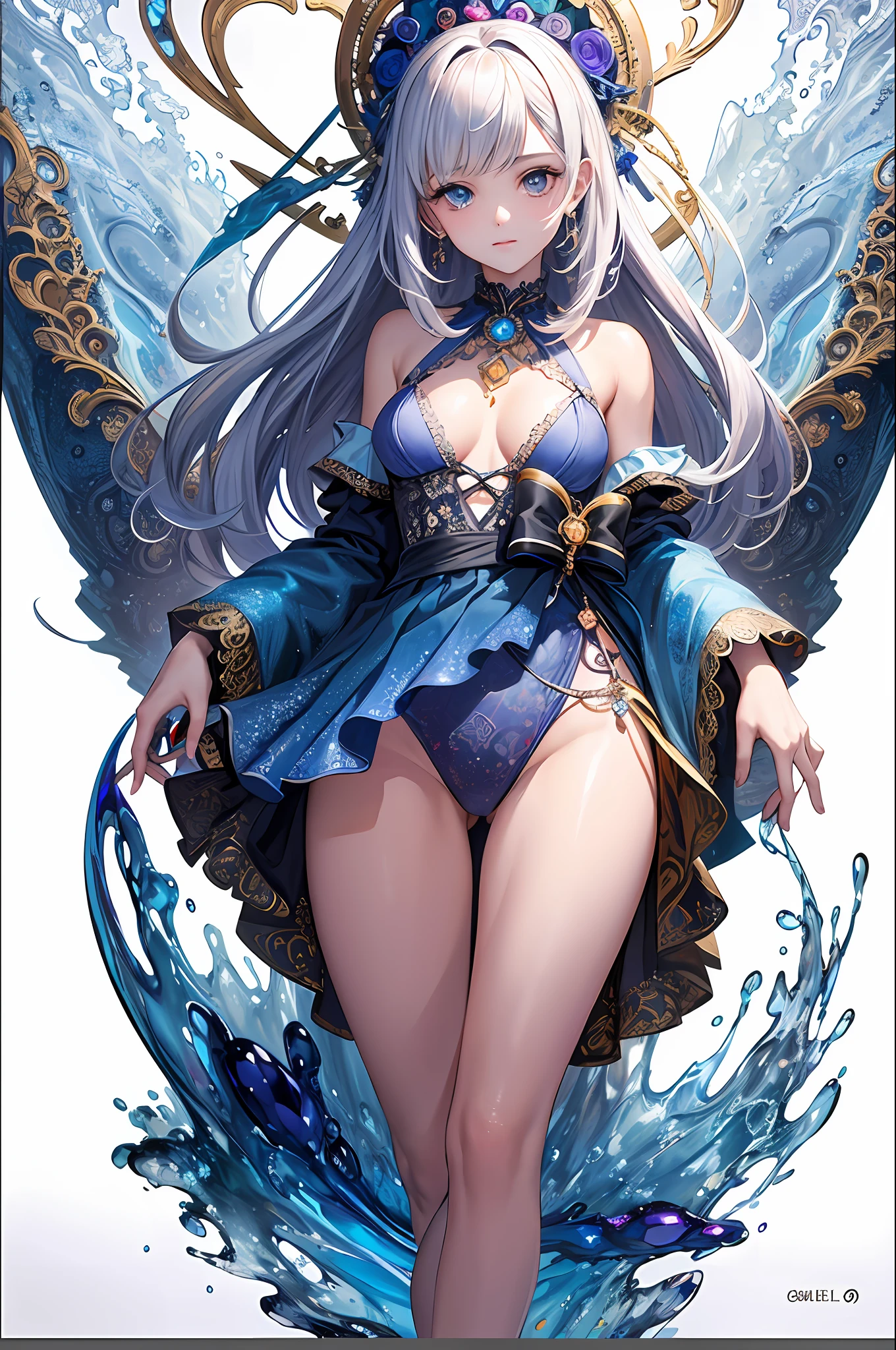 A sexy、The nipple is visible、The areol、((top-quality))、((masterpiece))、(detaileds)、sorcerer、Fantastic beauty、Perching on the clouds、(fantasy illustrations:1.3)、a captivating gaze、Pose Seductive、Otherworldly charm、mystical sky、 (By Luis Royo:1.2)、(Yoshitaka Amano:1.1)、Moon Night、Soft colors、(detailed cloudscape:1.3)、(hight resolution:1.2)