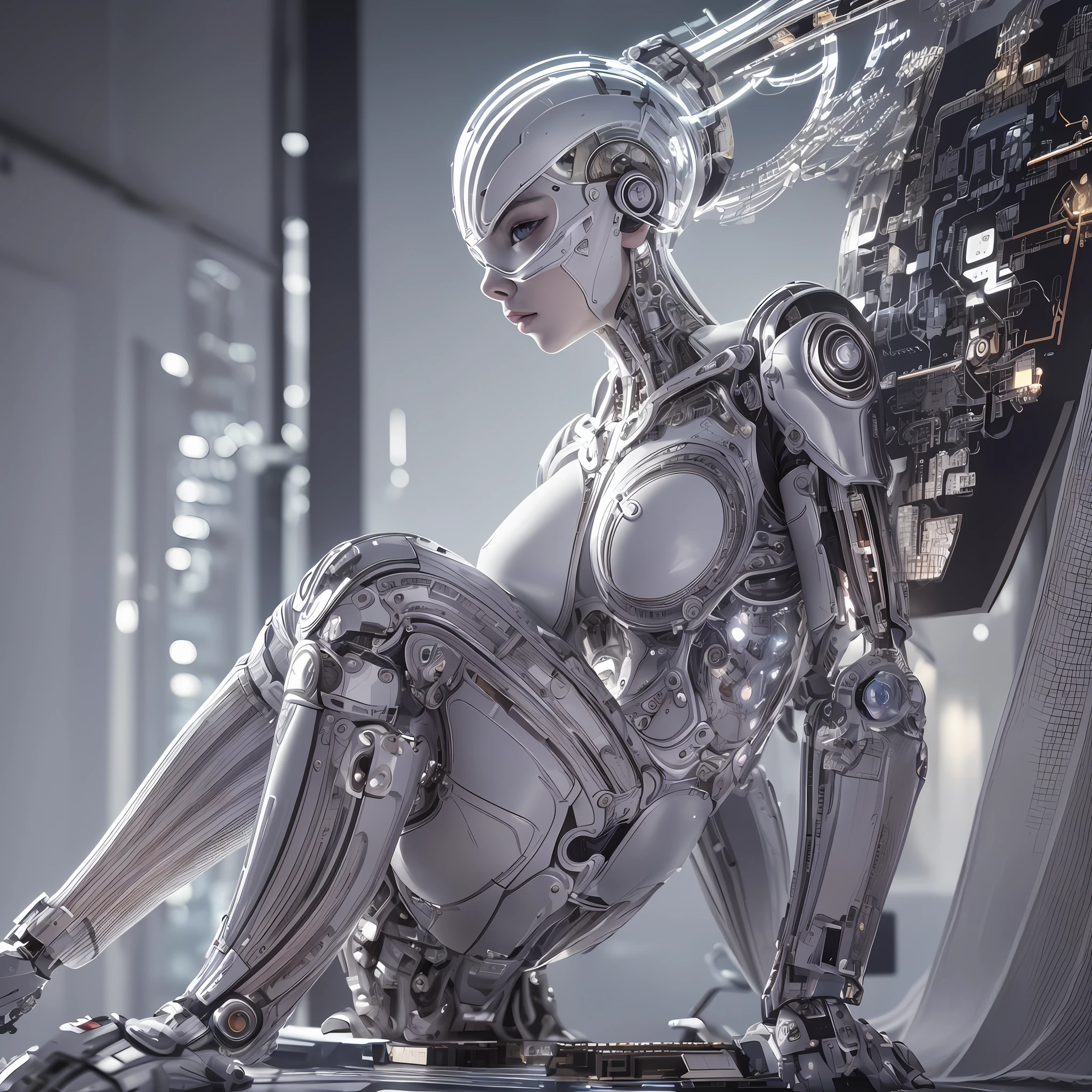 ultra detailed complex 3d rendering of a gorgeous porcelain profile face of Anya Taylor Joy, cyborg, robotic parts, full body, 150 mm, beautiful soft studio light, rim light, vibrant details, luxurious cyberpunk, lace, hyper-realistic, anatomical, facial muscles, electrical cables, microchip, elegant, beautiful background, octane rendering, HR Giger style, 8k, best quality, masterpiece,  illustration, extremely delicate and beautiful, extremely detailed, CG, unit, wallpaper, (realistic, photorealistic: 1.37), amazing, finely detailed, masterpiece, best quality, official art, 8k unit wallpaper CG extremely detailed, absurd, incredibly absurd, robot, silver helmet, full body, sitting