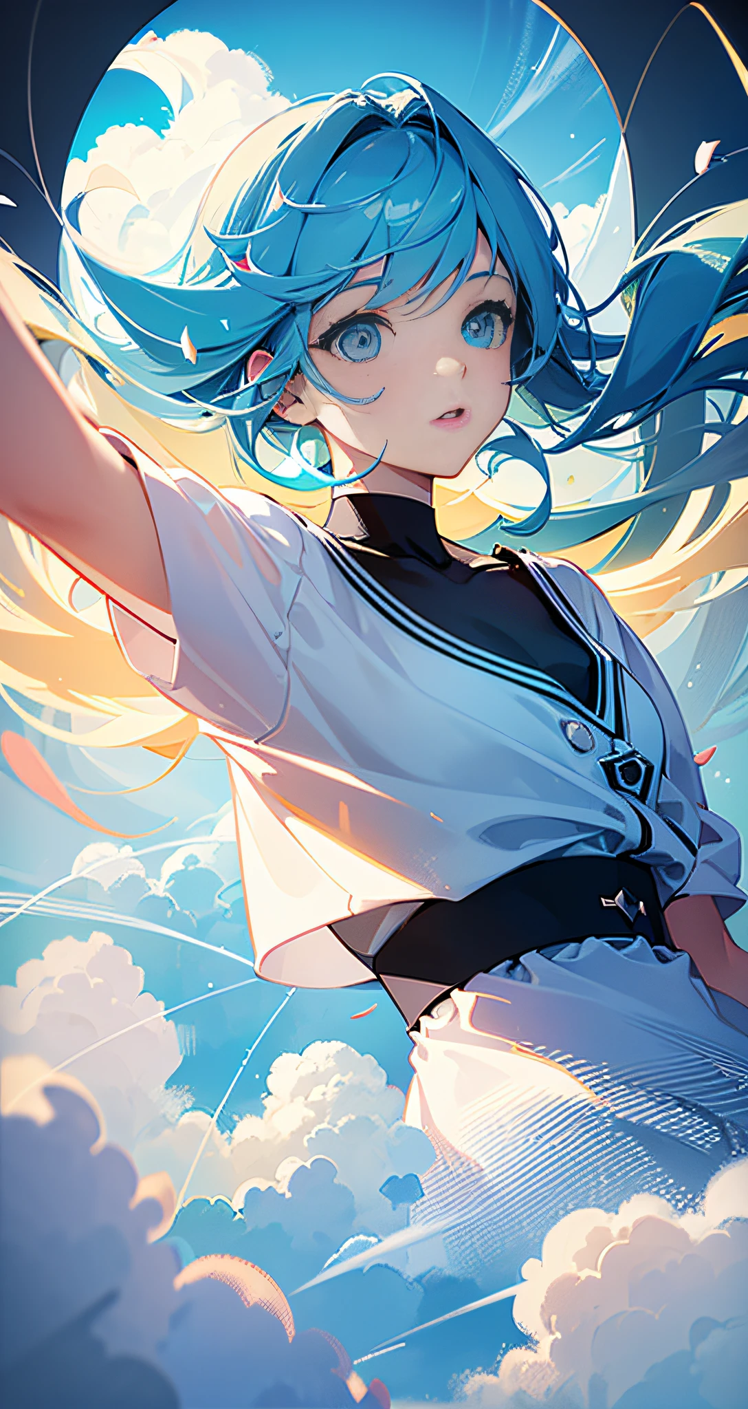 masterpiece, best quality, movie still, 1girl, floating in the sky, cloud girl, cloud, (close-up:1.1), bright, happy, fun, soft lighting, (Bauhaus, shapes, lines, abstract:1.1)