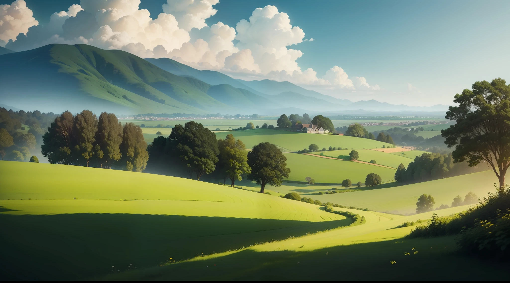serene landscape with lush green fields and picturesque skyline, lush vegetation, idyllic, vibrant, photorealistic, realistic, dramatic, cinematic lighting, sharp focus, 8k