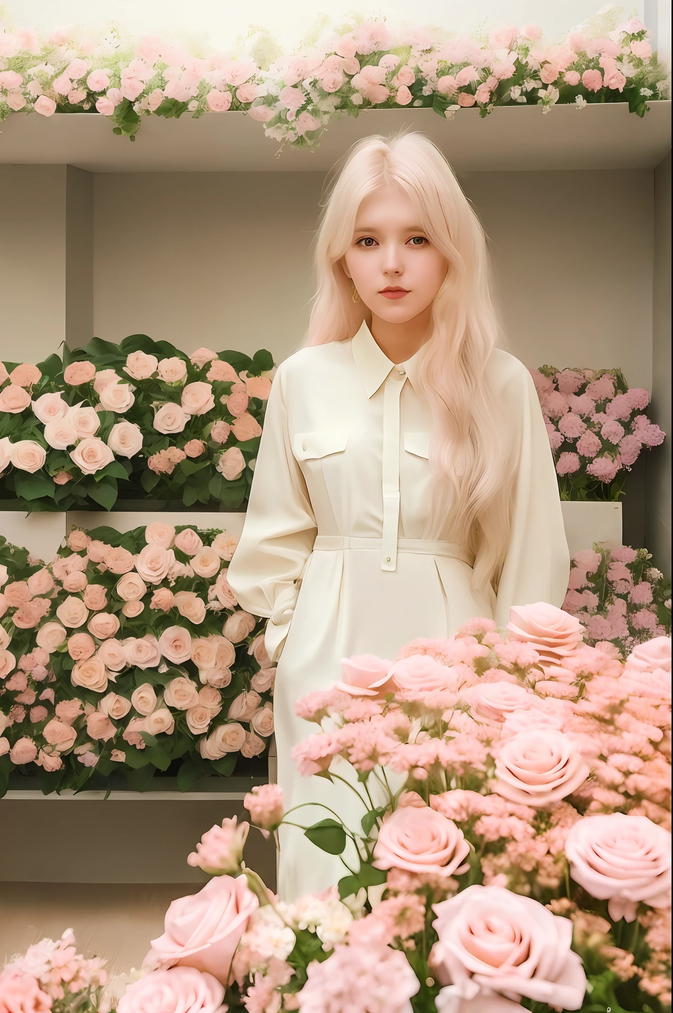 there is a woman standing in front of a wall of flowers, anna nikonova, anna nikonova aka newmilky, cream colored blouse, cute woman, 1614572159, pastel', jovana rikalo, 🤬 🤮 💕 🎀, alina ivanchenko, feminine in pastel shades, by Rhea Carmi, dasha taran