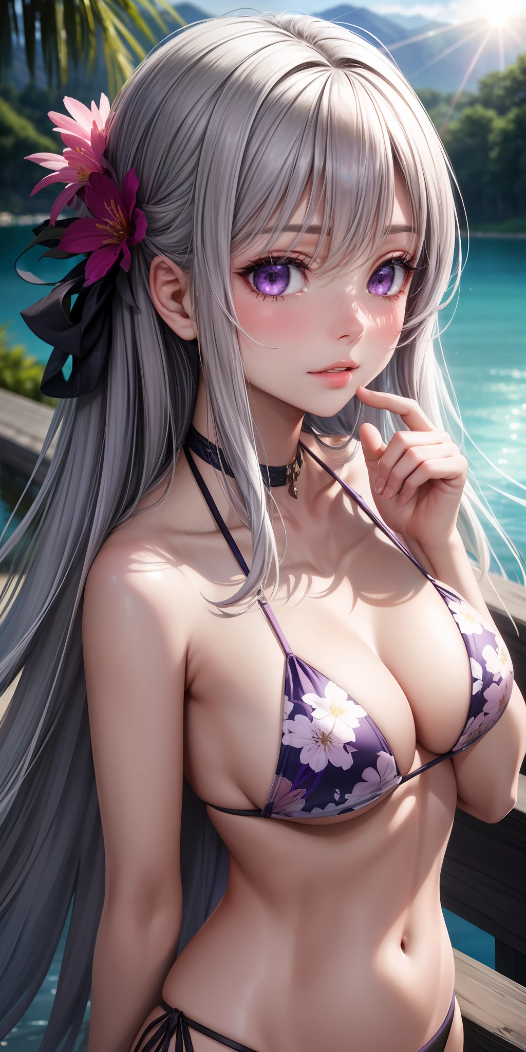 realistic, girl single, gray hair, purple eyes, glowing eyes, floral, simple background, lake, micro bikini, t-back, parted lips, blush, night, flower, sun, sunlight, {{{masterpiece}}},
{{{{{official art}}}}},
{{{high quality}}},
{{{best quality}}},
{{{{8k_wallpaper}}}},
{{{{extremely detailed eyes}}}},
{{{{extremely detailed body}}}},
{{{{extremely detailed finger}}}}