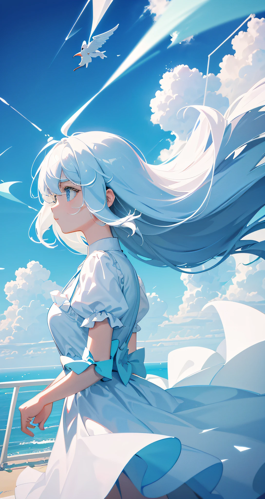 masterpiece, best quality, movie still, 1girl, floating in the sky, cloud girl, cloud, (close-up:1.1), bright, happy, fun, soft lighting, (Bauhaus, shapes, lines, abstract:1.1)