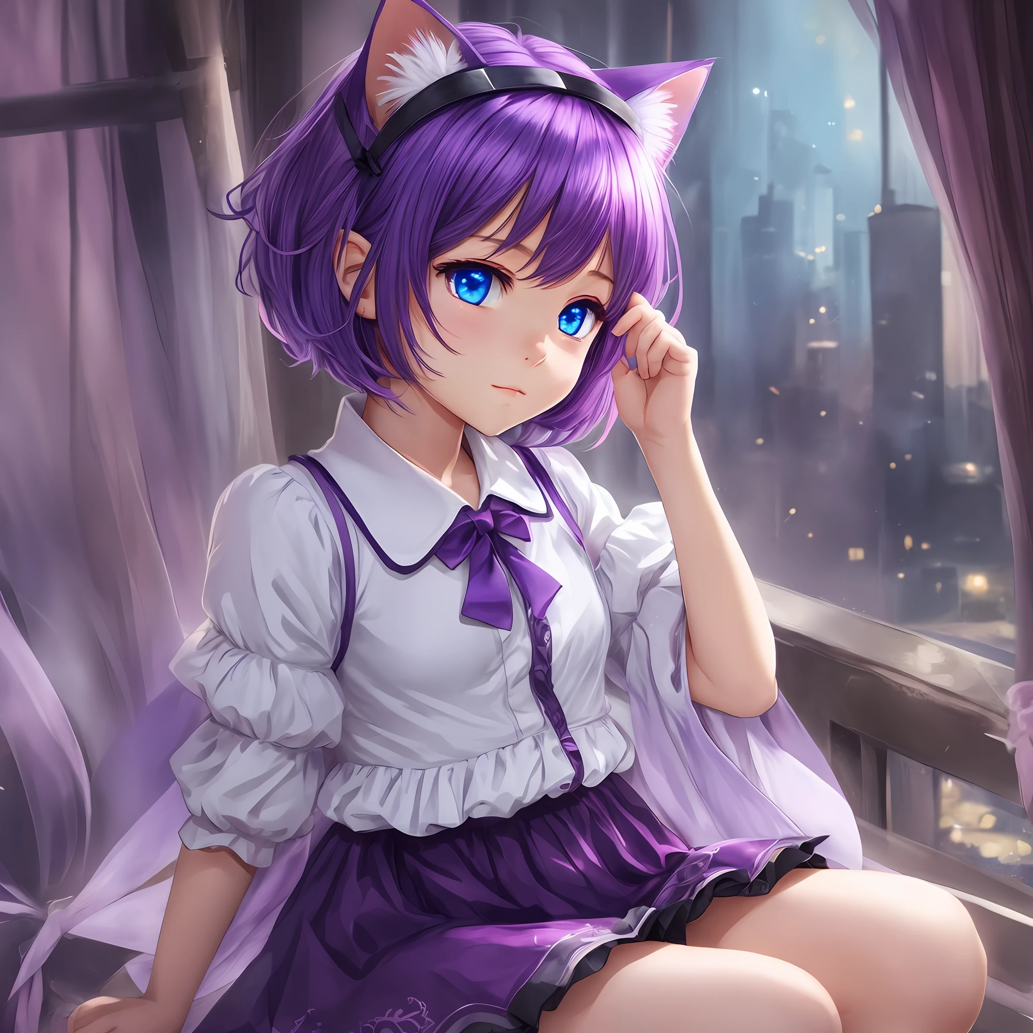 , Cat Ears, Purple Short Hair, Blue Eyes, Neko, Fantasy, --auto --s2