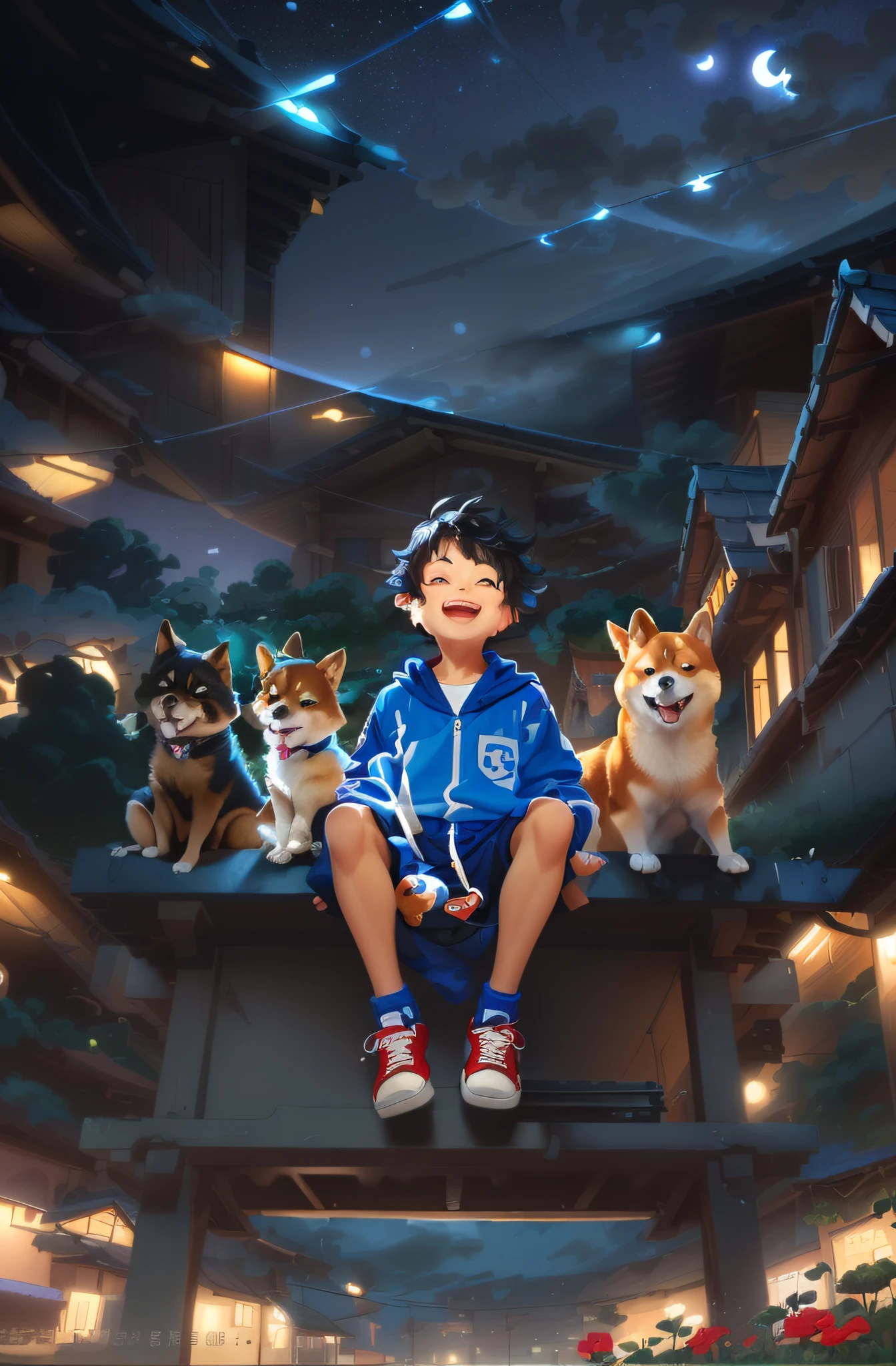 A happy little boy, a short-haired little Shiba Inu sitting on the roof, full body photo, smiling, wearing blue short tracksuit, red sneakers, black hair, there is a house, flowers, Miyazaki style and other small animals. A happy little boy with round face, big eyes, long eyelashes, night, environment, night, cinematic lighting