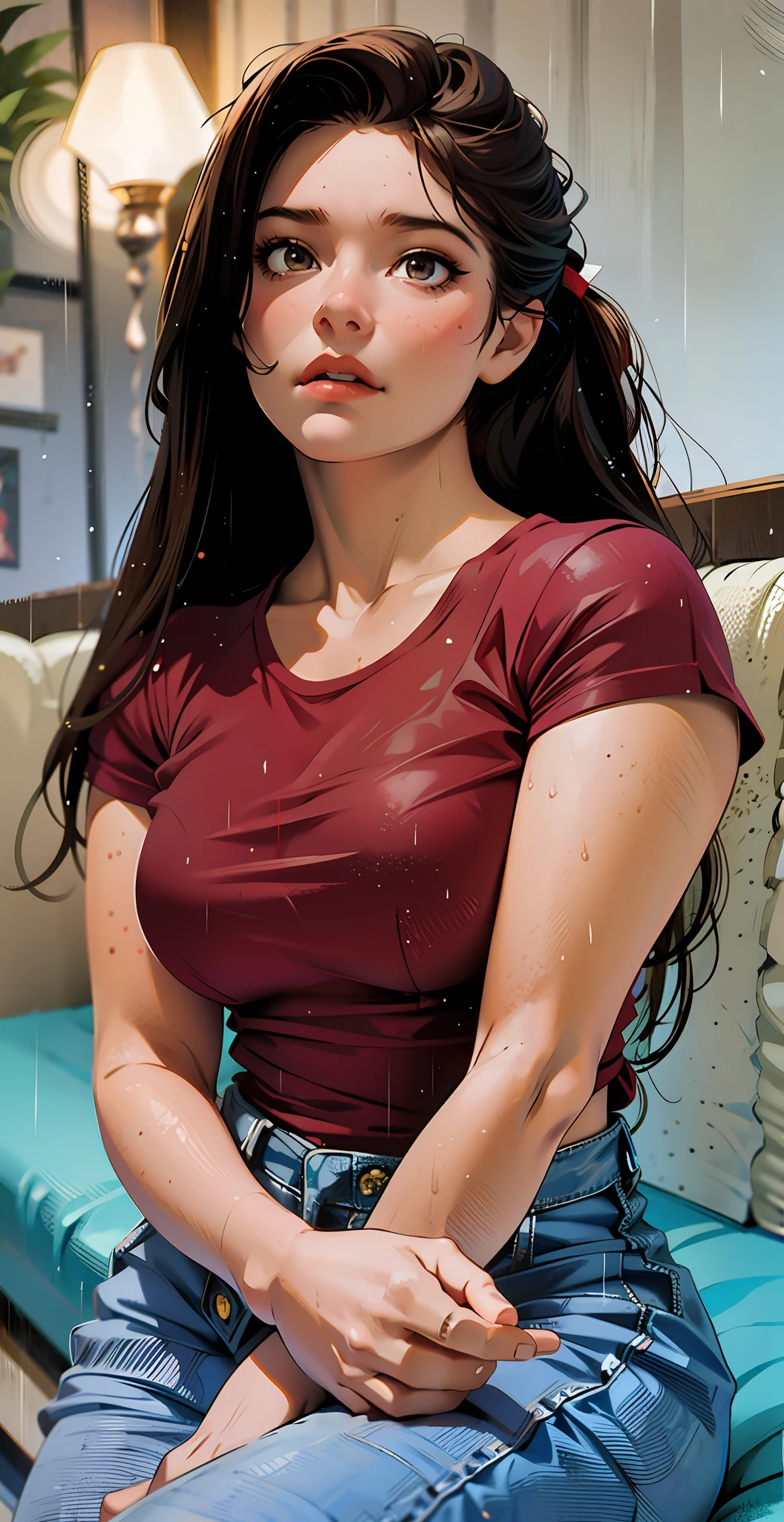 a hyper-realistic portrait of a young woman, half asleep, under a tree, inside a forest, lots of rain, in the middle of nature, 22 years old, realistic, (lying on her side), she is wearing a red panties, (wearing minimal dress), sexy, (huge breasts 2:1), wet clothing, short brown hair, (hair tied with bows), curved, SFW