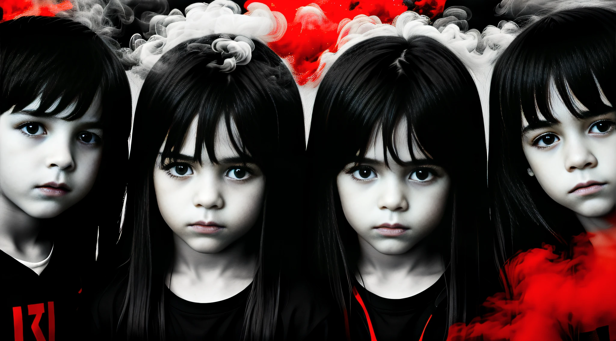 3 boys Russian children with , WITH LONG STRAIGHT DARK HAIR, PORTRAIT STYLE,, monochrome and red bleed color, black white and red colors, background (dark _ smoke), 8 k highly detailed, black and white and red colors, some mist gray smoke and fire, detailed smoke, (smoke)