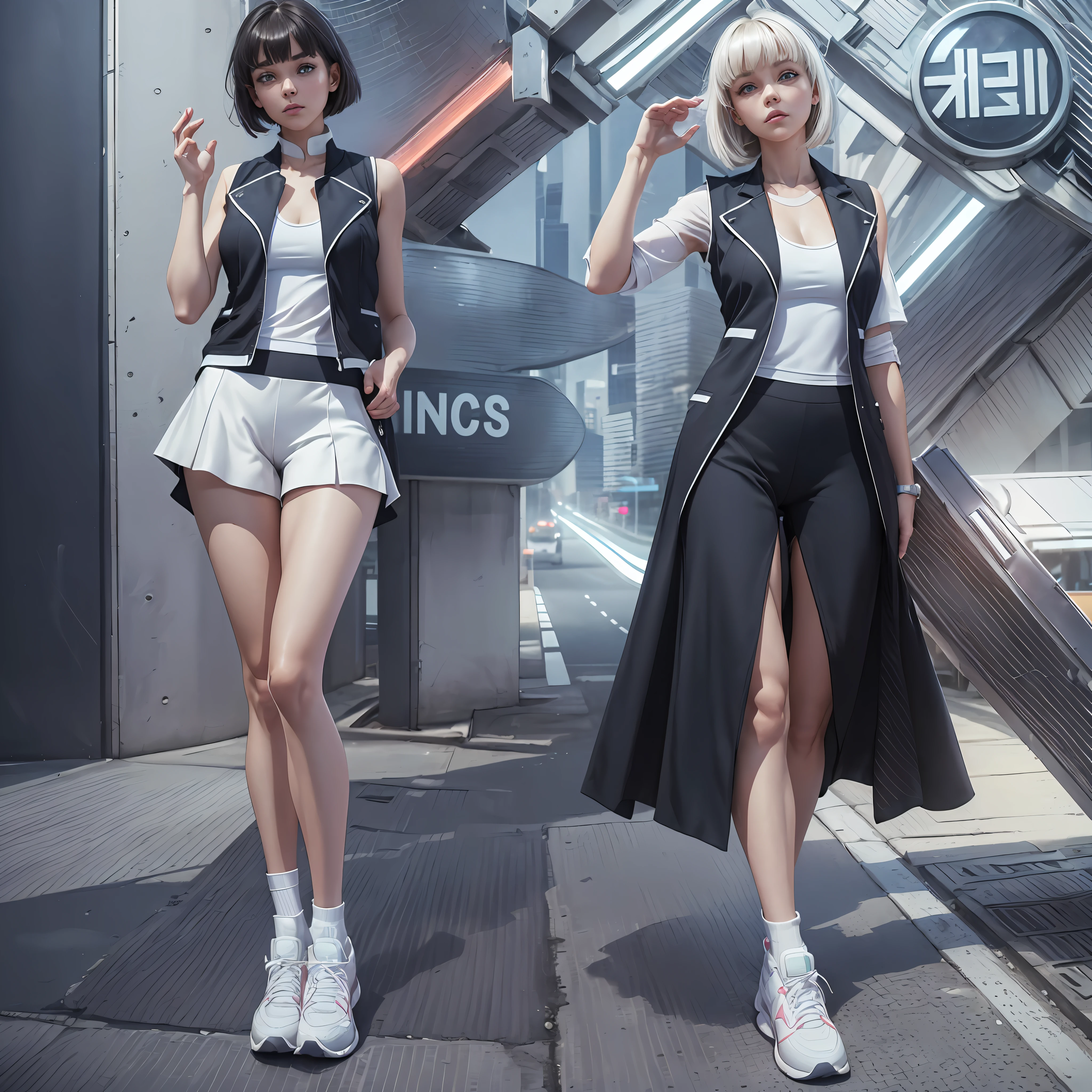 (High-tech, city night scene, modern woman, professional photography), (waistless white sports vest, yoga shorts: 1.2, sneakers: 1.1), (live-action, tall, bangs), (overhead shot: 1.1, light and shadow, realism), (roadside pedestrians, street lights), (exquisite makeup, Valentino, fairy, light makeup, opaque clothes, white clothing), Full body view (2/1 of the picture of the proportion of people), Standing, vivid details, realism "live-action style, 8K, HD, Leg line optimization (avoid muscular legs), do not anime-style two-dimensional, reduce muscularity, flat perspective, single, small movement standing posture, full body image, clean background