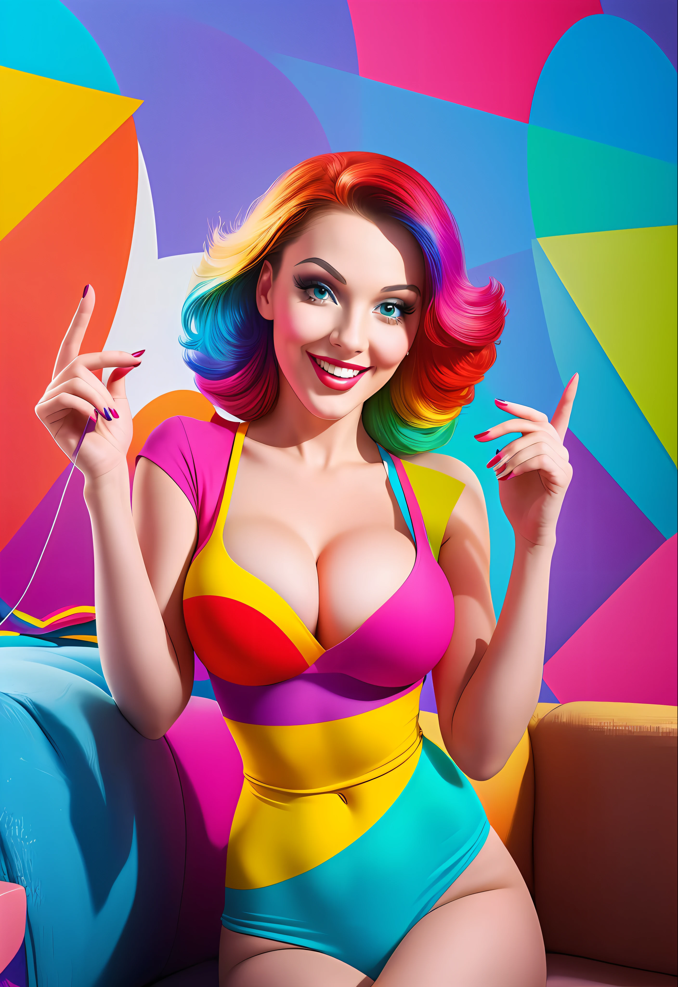 Playful, young woman posing in a colorful, whimsical setting, reminiscent of pop art, digital painting, high-definition resolution, bright color scheme, cleavage