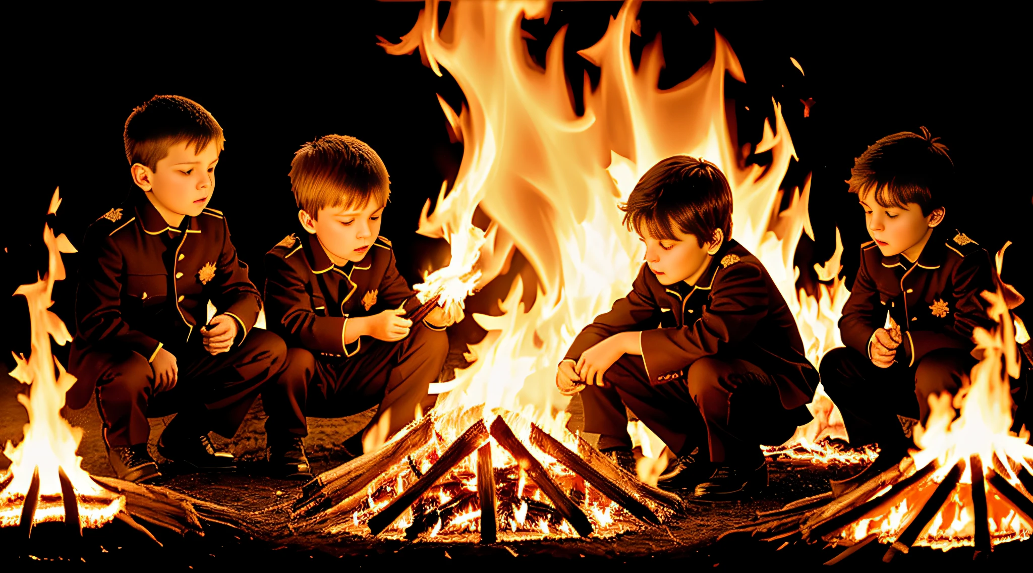 3 boys Russian children with 15 years old, WITH LONG DARK STRAIGHT HAIR,green clots, PORTRAIT STYLE, flames are burning in the dark and a black background, large flames, fire and flames, flames, flames in the background, fire flames, background flames, many flames, burning fire, roaring place of fire, burning fire, burning flames, fire and flame, flame and fire, fire, intense flames, completely consisting of fire, holy flame spell, flame