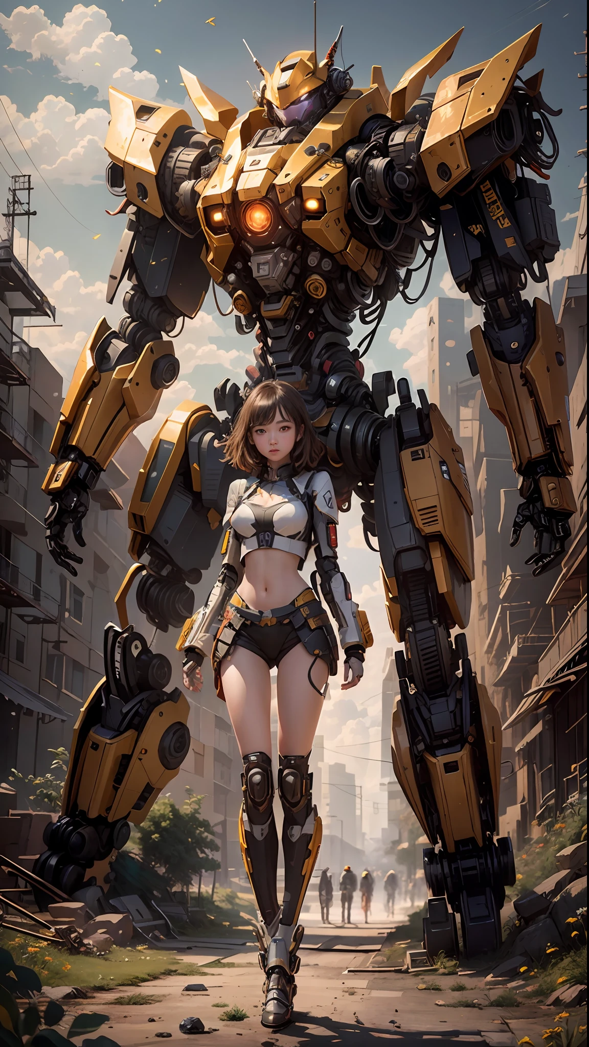 ((Masterpiece, Best Quality)), illustration, ultra-detailed 8K, realistic, clear focus, highly detailed, professional lighting, colorful details, rainbow colors BREAK factory super long shot, (1 large mechanical robot), microchip, computer, luminescence, intricate details, shitu-mecha, 1girl downscale standing in front of the viewer, navel