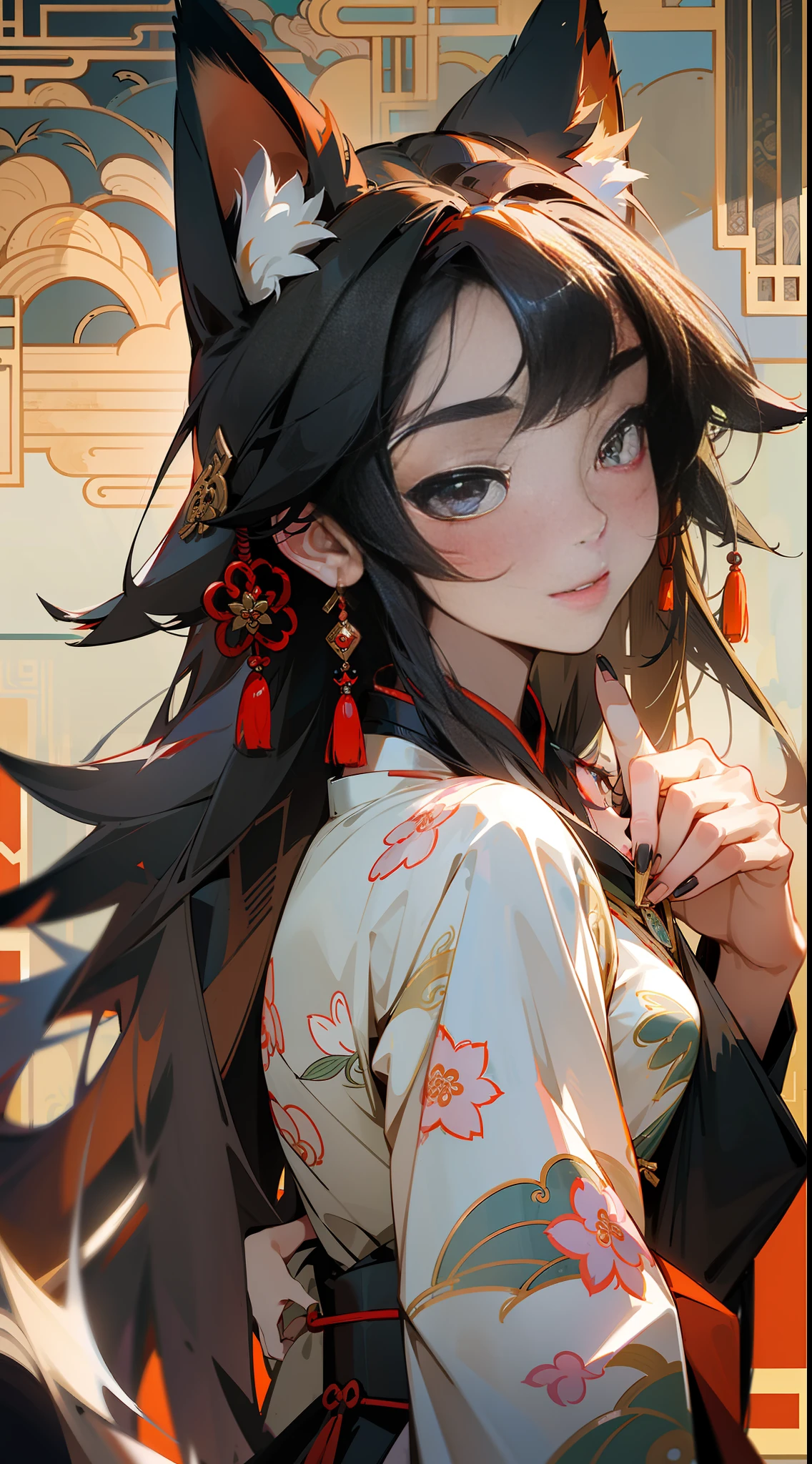 Masterpiece, black_hair, 1 girl, looking at the audience, long_hair, nail_polish,delicate face, fox ears, fox tail, fox girl, chinoiserie, solo, jewelry, ancient art, Chinese,
