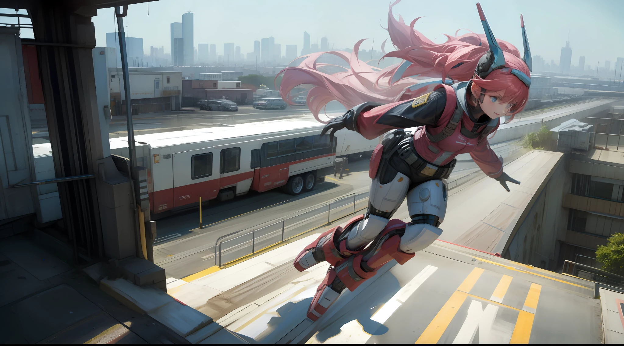 a girl in rollerblades flying above the city