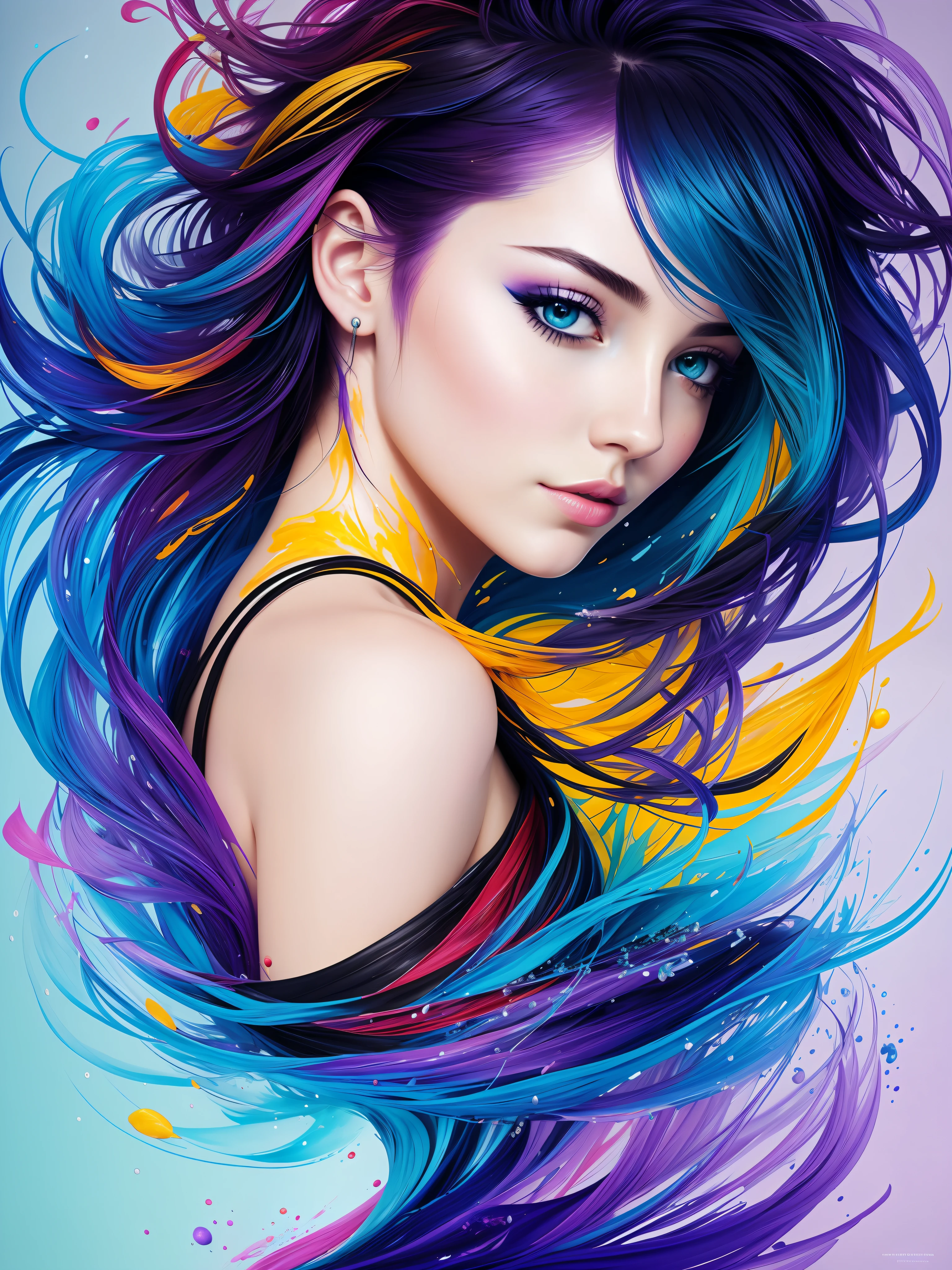 Colorful beautiful girl: a giru 28-years old, messy hair, oil painting, nice perfect face with soft skinice perfect face, blue yellow colors, light purple and violet additions, light red additions, intricate detail, splash screen, 8k resolution, masterpiece, cute face,artstation digital painting smooth veryBlack ink flow: 8k resolution photorealistic masterpiece: intricately detailed fluid gouache painting: by Jean Baptiste Mongue: calligraphy: acrylic: watercolor art, professional photography, natural lighting, volumetric lighting maximalist photoillustration: by marton bobzert:, complex, elegant, expansive, fantastical, wavy hair, vibrant, Best quality details, realistic, High definition, High quality texture, epic lighting, Cinematic film still, 8k, soft lighting, anime style, masterful playing card border, random Colorful art, oil painting, blue yellow colors, light purple and violet additions, light red additions, intricate detail, splash screen, 8k resolution, masterpiece, artstation digital painting smooth veryBlack ink flow: 8k resolution photorealistic masterpiece: intricately detailed fluid gouache painting: by Jean Baptiste Mongue: calligraphy: acrylic: watercolor art, professional photography, natural lighting, volumetric lighting maximalist photoillustration: by marton bobzert:, complex, elegant, expansive, fantastical, vibrant