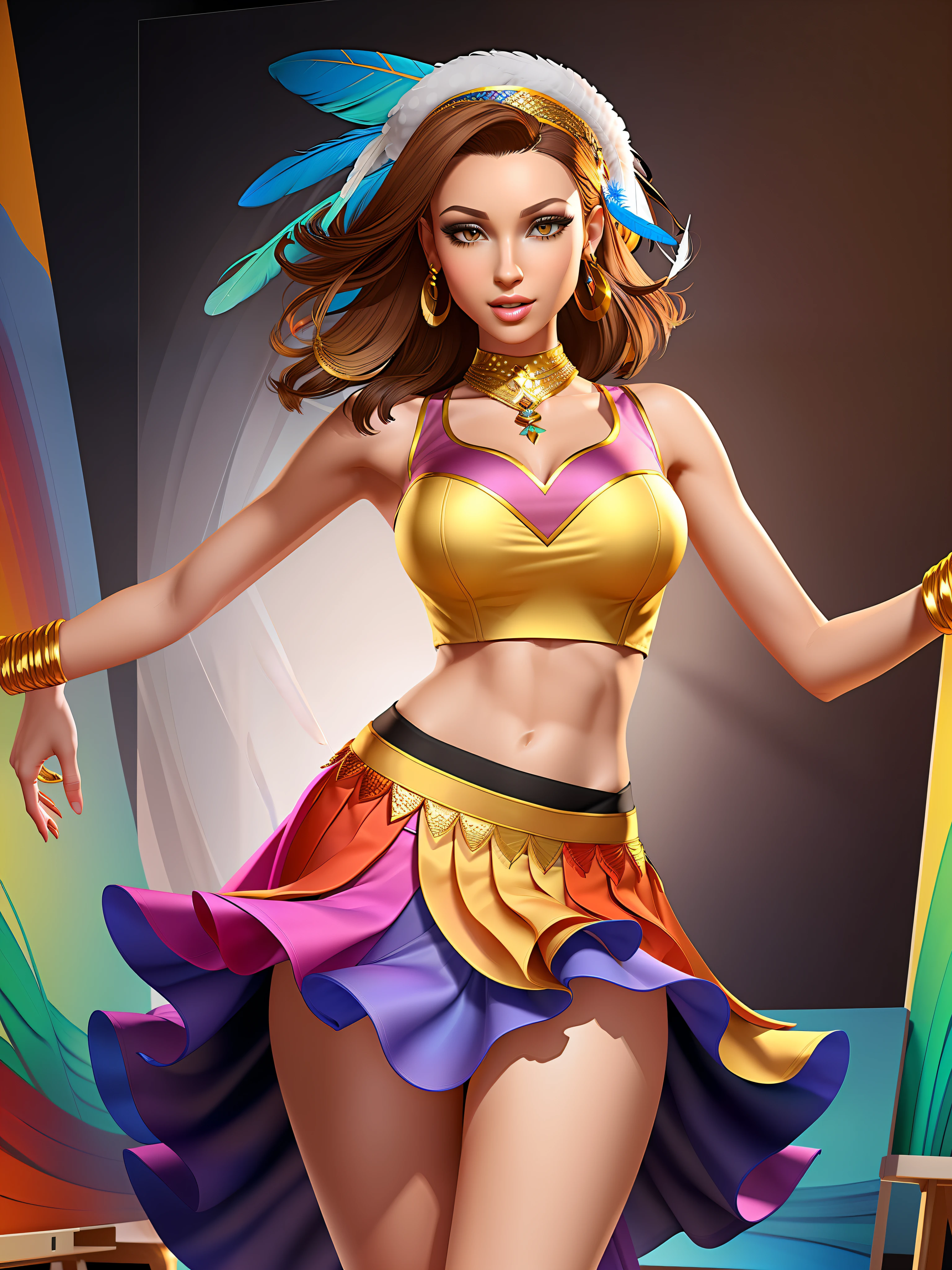 ((clothes overlap)), ((1girl)), ((samba clothing)), ((game character)), ((camera away from 1.3)), ((character portrait: 1.2)), ((painting Style: 1.3)), ((Clear Details)), ((Rich Details)), ((HD Quality)), ((Healthy)), ((Vibrant)), ((Standing)), ( (dynamic dancing pose)), ((dark brown hair)), ((dark eyes)), ((big skirt)), ((slender waistline)), ((shuttle waistline)), (( Exotic style)), ((white background)), ((feather hat headdress)), ((long legs)), ((one-handed waist)), ((feather skirt decoration))