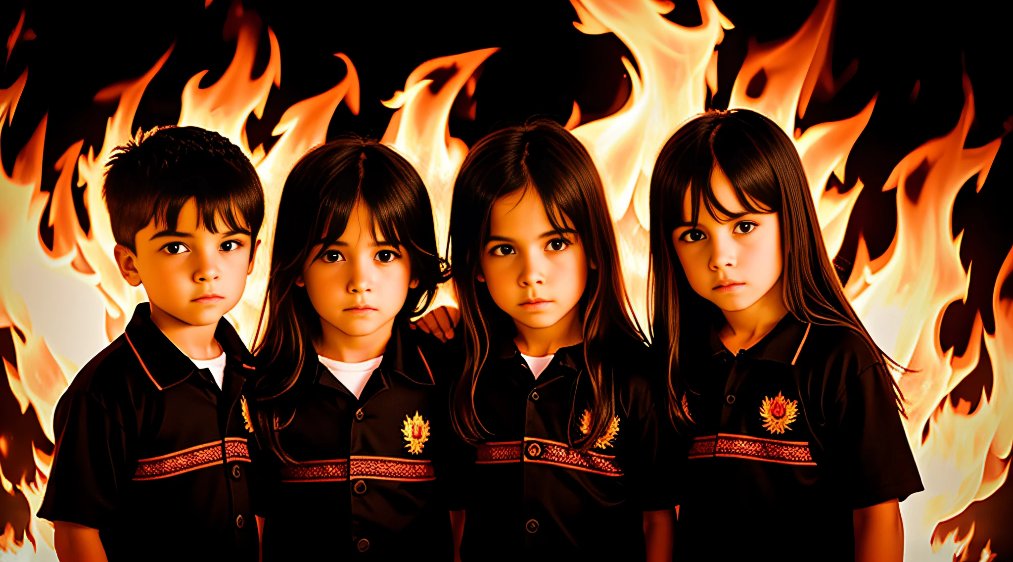 3 boys Russian children with 15 years old, WITH LONG STRAIGHT DARK HAIR, PORTRAIT STYLE, flames are burning in the dark and a black background, large flames, fire and flames, flames, flames in the background, fire flames, background flames, many flames, burning fire, roaring place of fire, burning fire, burning flames, fire and flame, flame and fire, fire, intense flames, completely consisting of fire, holy flame spell, flame