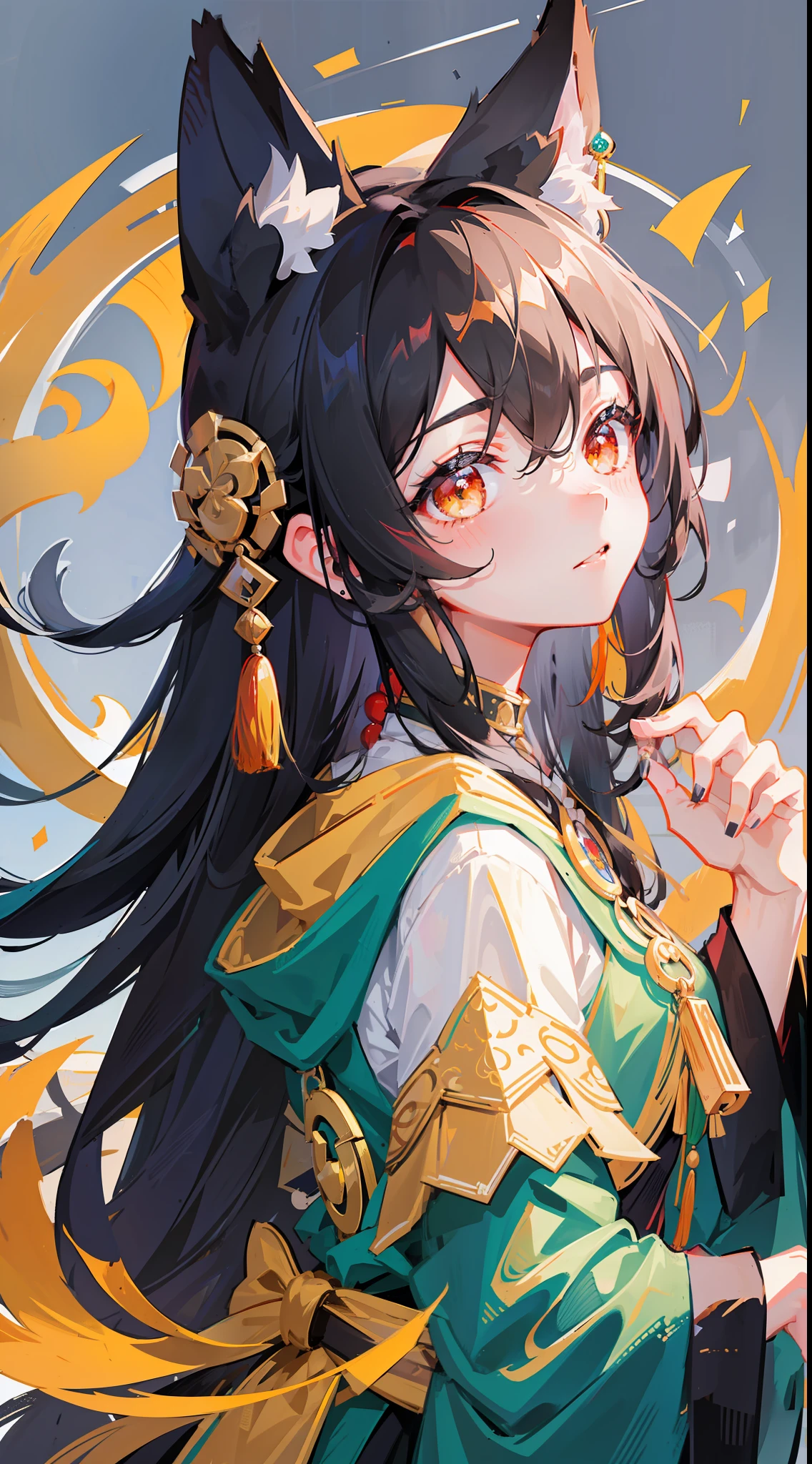 Masterpiece, black_hair, 1 girl, looking at the audience, long_hair, nail_polish, delicate cute face, screen background, black hair, fox ears, fox tail, fox girl, chinoiserie, playful, solo, jewelry, ancient art, Chinese