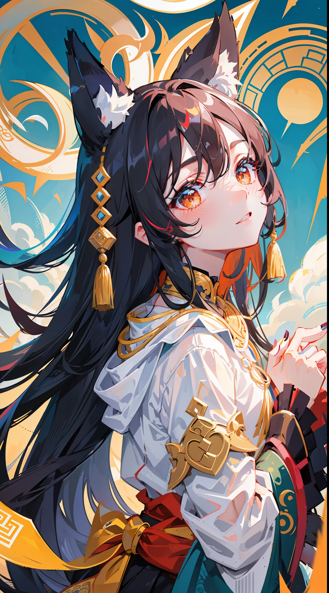 Masterpiece, black_hair, 1 girl, looking at the audience, long_hair, nail_polish, delicate cute face, screen background, black hair, fox ears, fox tail, fox girl, chinoiserie, playful, solo, jewelry, ancient art, Chinese