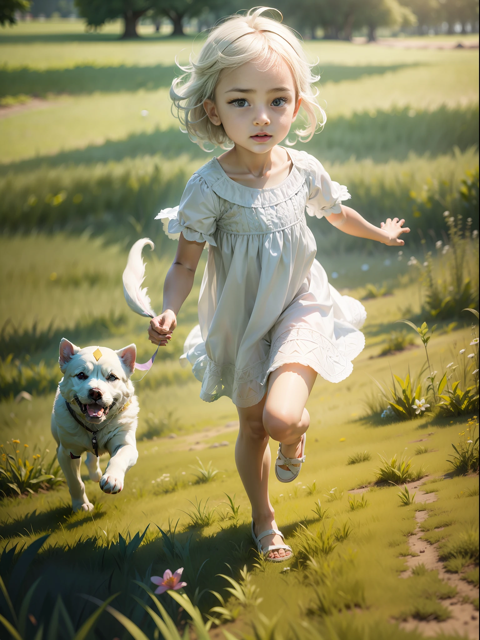 Similar face, running , kite flying on grass, deep grass, white puppy, cute princess, natural skin texture, soft light, intricate details: 1.12, HDR masterpiece, best quality, highly detailed photo: 1.1, realistic,