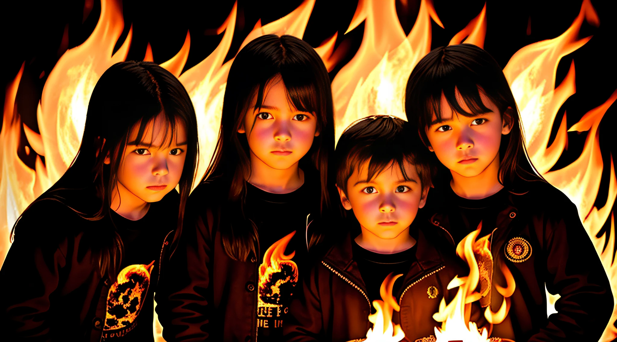 3 boys Russian children with 15 years old, WITH LONG STRAIGHT DARK HAIR, PORTRAIT STYLE, flames are burning in the dark and a black background, large flames, fire and flames, flames, flames in the background, fire flames, background flames, many flames, burning fire, roaring place of fire, burning fire, burning flames, fire and flame, flame and fire,  fire, intense flames, completely consisting of fire, holy flame spell, flame