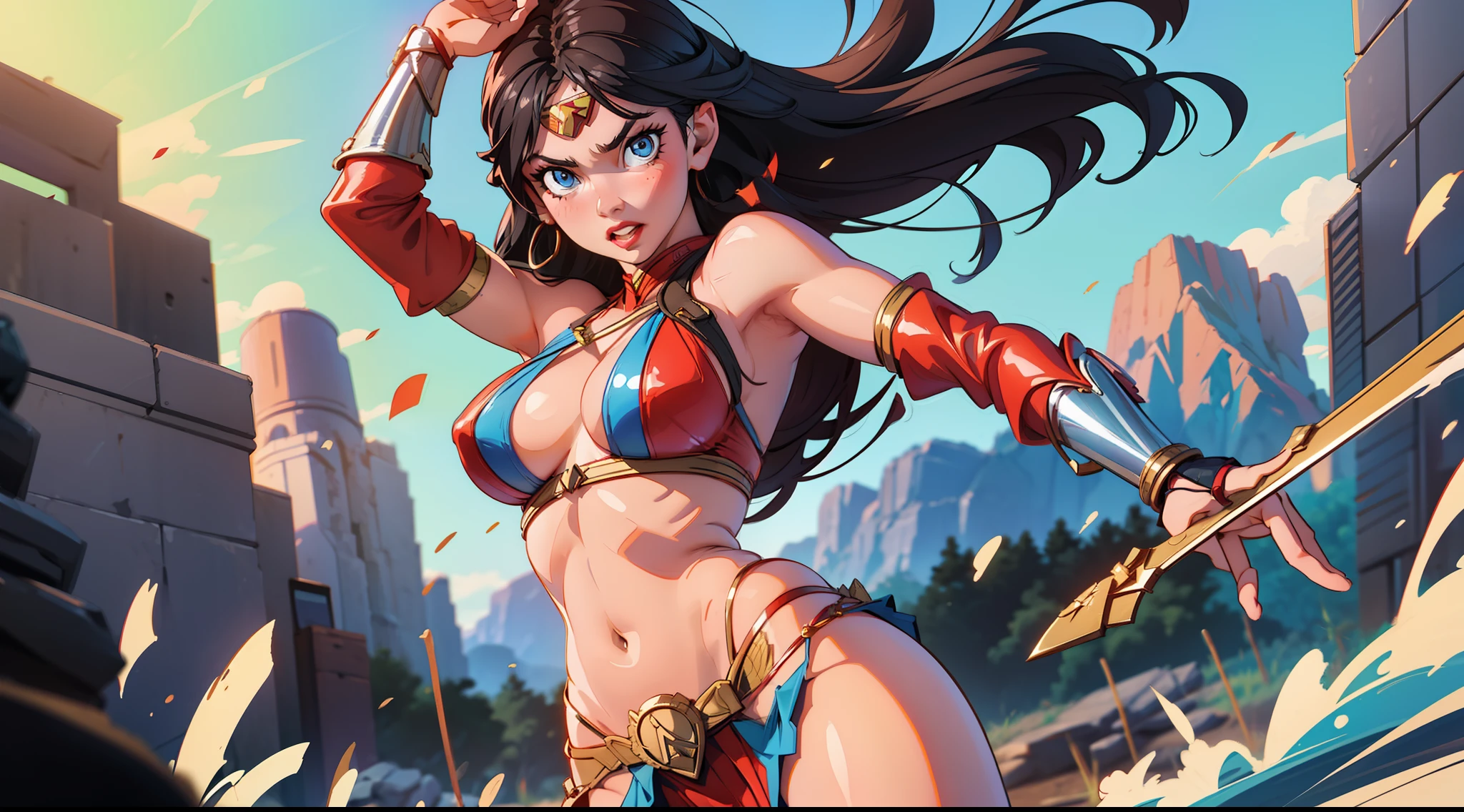 wonderwoman, warrior, action pose, sexy, cleavage, black hair, blue eyes, bikini, large breasts, wide hips, thick thighs, muscles, abs, no teeth, beautiful face, realistic, ray traced, beautiful eyes, red lipstick