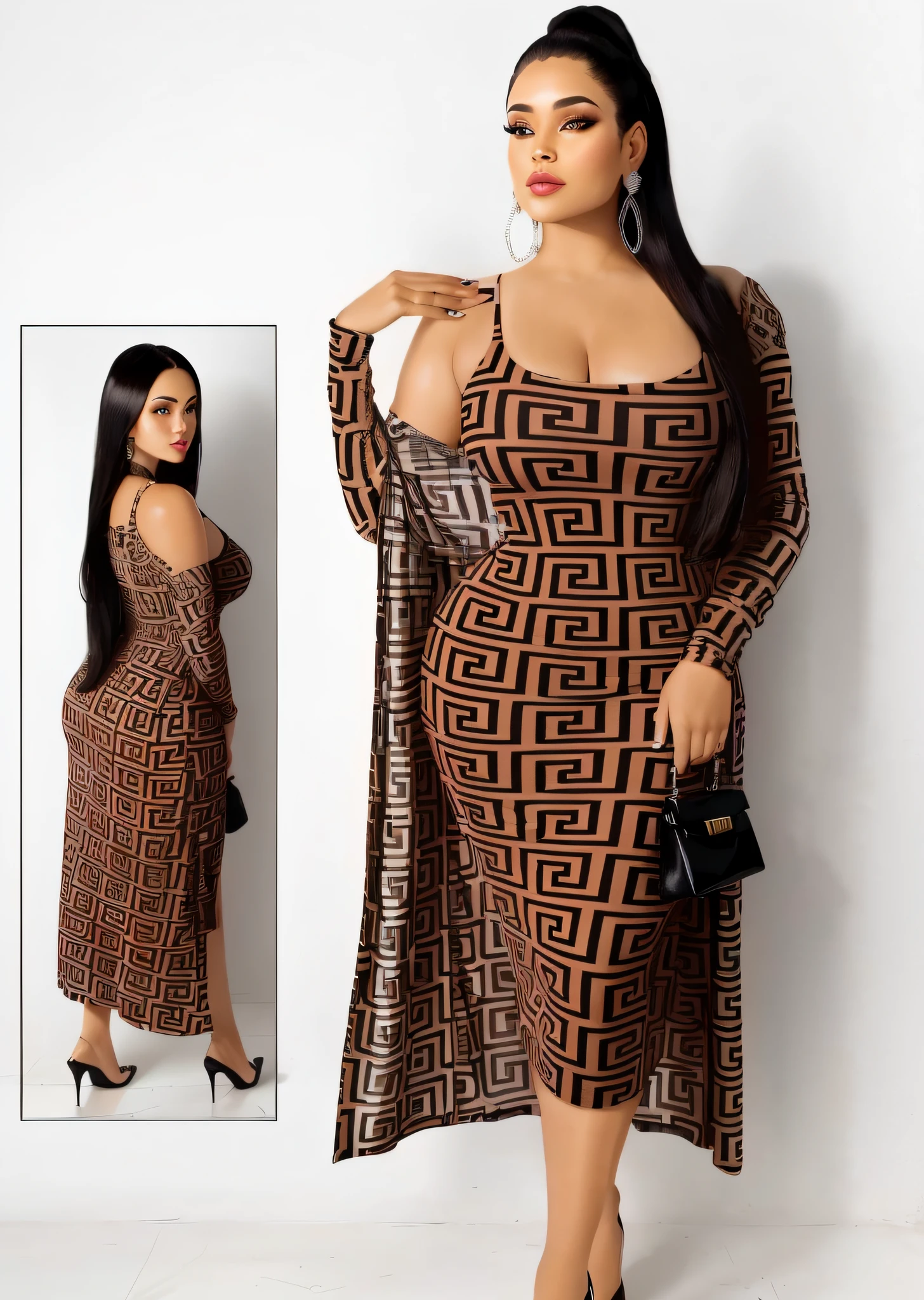 a woman in a brown and black dress and a black purse, black and brown, revealing stylish dress, # 0 1 7 9 6 f, full covered dress, plus size, idian dress, sexy dress, black and brown colors, bodycon dress, frock, 🔥 😎 🕹️ 👀 :2, h 1088, # 9 8 fb 9 8 --auto --s2