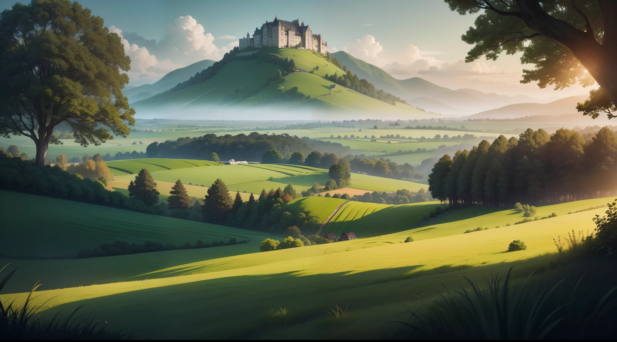 serene landscape with lush green fields and picturesque skyline, lush vegetation, idyllic, vibrant, photorealistic, realistic, dramatic, cinematic lighting, sharp focus, 8k