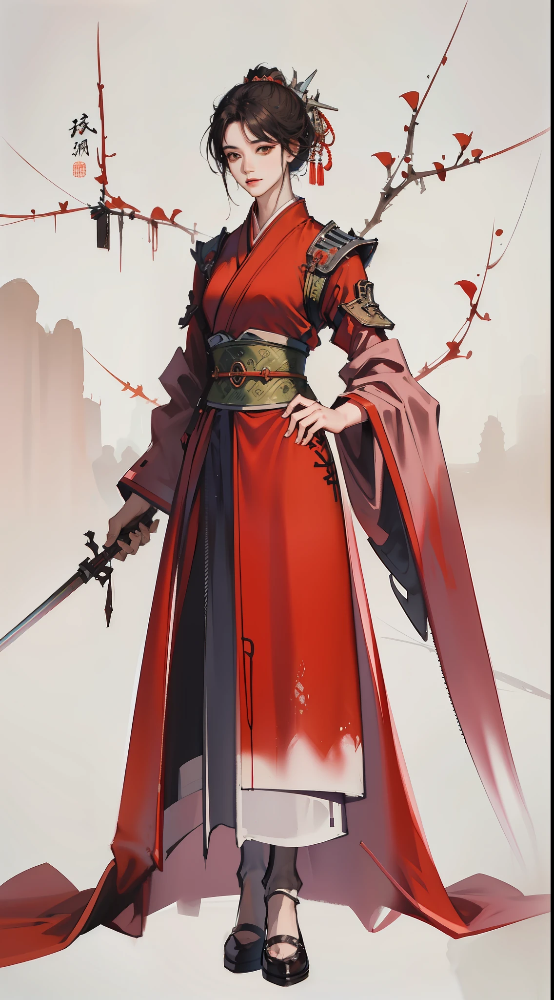 chinoiserie，The background is the ancient Chinese battlefield，An ancient Chinese female general、Holding a matching sword in his hand、Red robes、ARMOUR、A full body，Clear facial features，grim expression，Amazing facial features，Yellow sand is flying in the sky，Fleeing crowds，firelight，Game model，C4D， OCrenderer， edge light，The light is delicate，masterpieces，hyperdetailed，epic composition，Super HD，Quality，Max Quality，32k