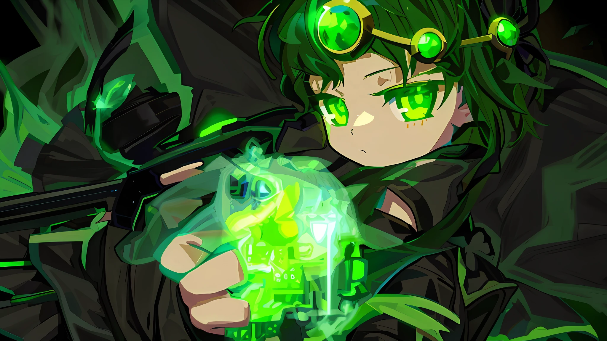 Close up portrait of person with glowing bow, girl in green dress, black skirt, black background, sprite 2D, visual novel sprite, sprite art, 2D sprite, green aura, MapleStory style, black sunglasses, esoteric style bomb, sprite, maple story gun girl, glowing lens flare raise girl, anime shot --auto --s2