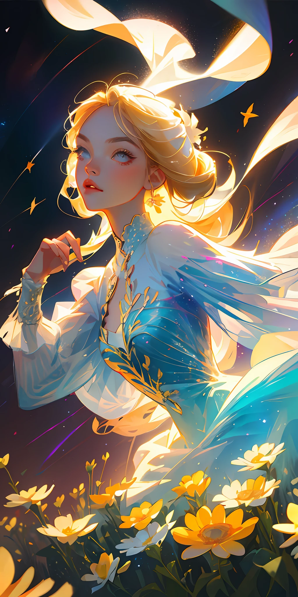 (best quality, masterpiece), 1girl, pose, particle, wind, flower, upper body, simple background, looking at viewer, blonde, galaxy,