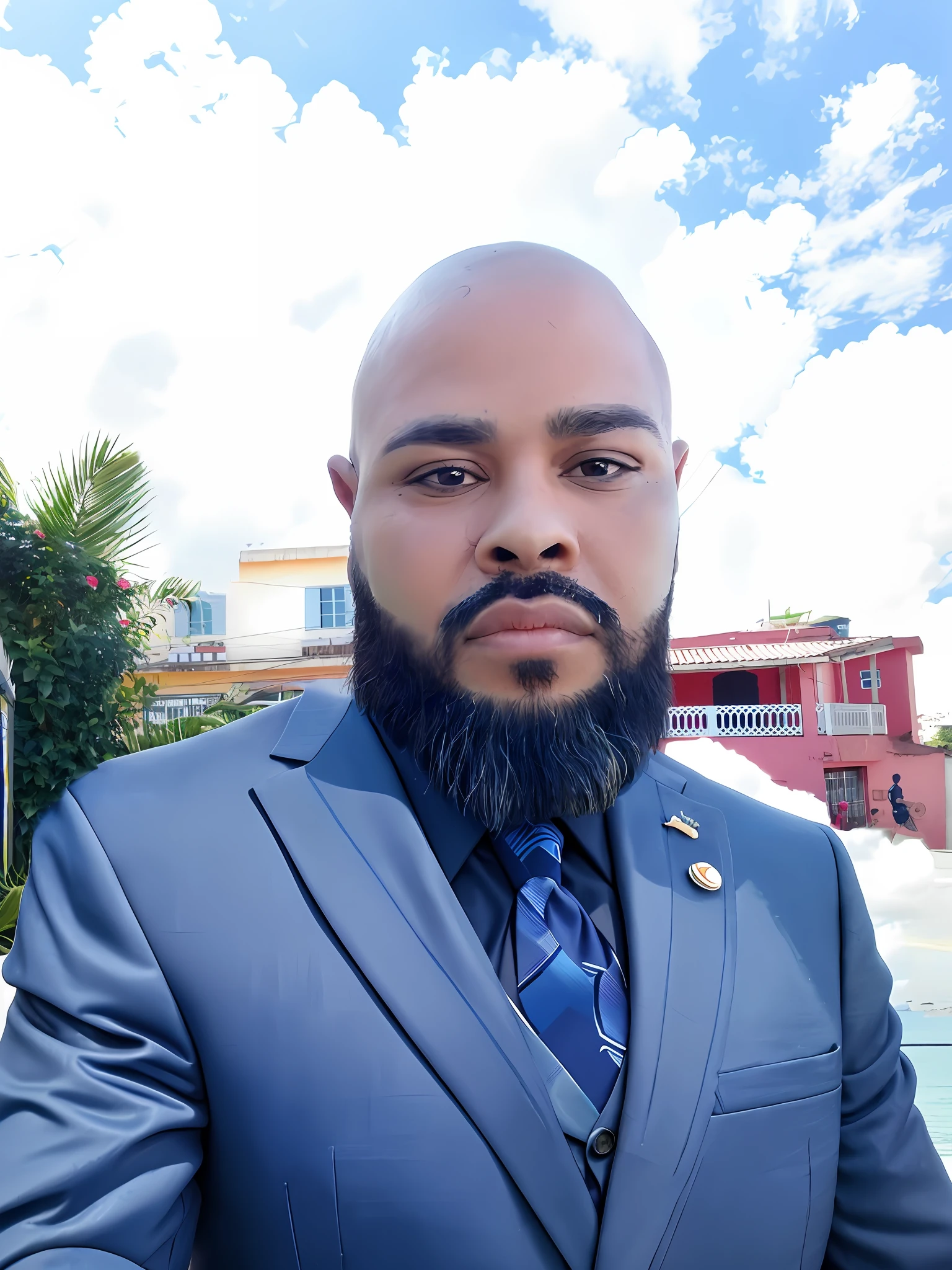 Repaint the body part by putting on a navy azil suit,dark blue white dress shirt,out fashion ribbon,high pattern suit color tie and the sky repaint the sky with caribbean sky colors