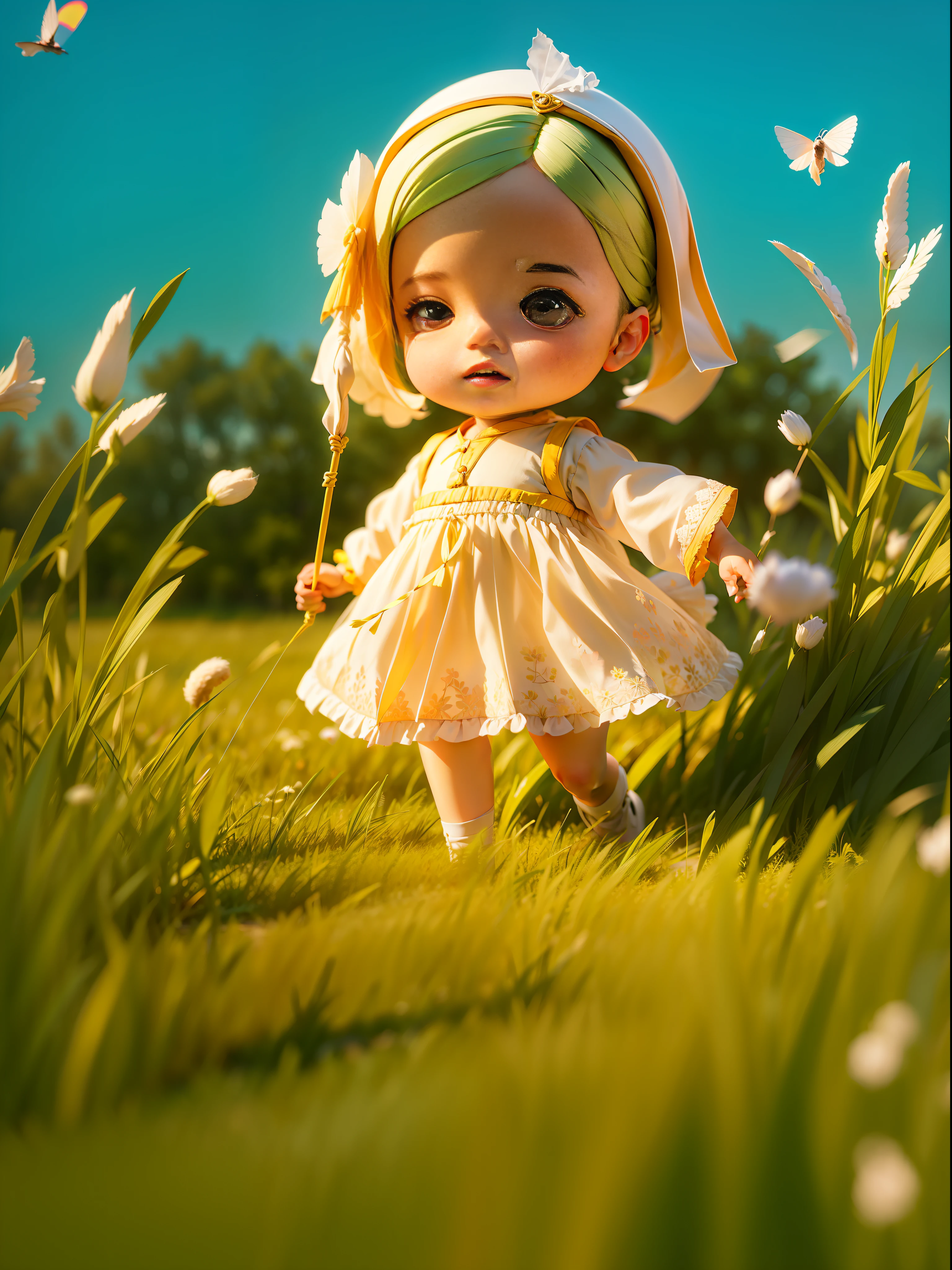 Similar face, running , kite flying on grass, deep grass, white puppy, cute princess, natural skin texture, soft light, intricate details: 1.12, HDR masterpiece, best quality, highly detailed photo: 1.1, realistic,
