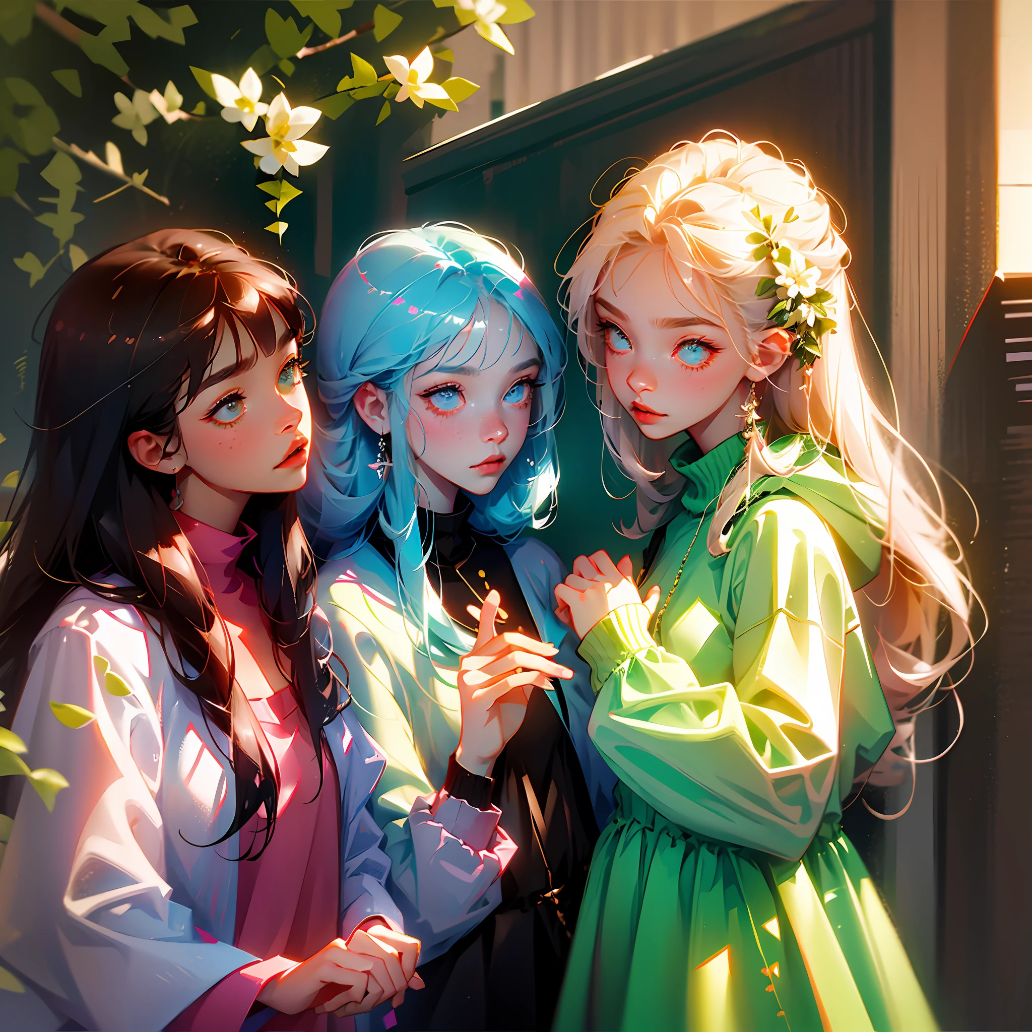 Two girls talking a girl is wearing sweatshirt with flowers and she has long hair, the other girl has short hair and she is in a dress is with rosy cheeks, --auto --s2