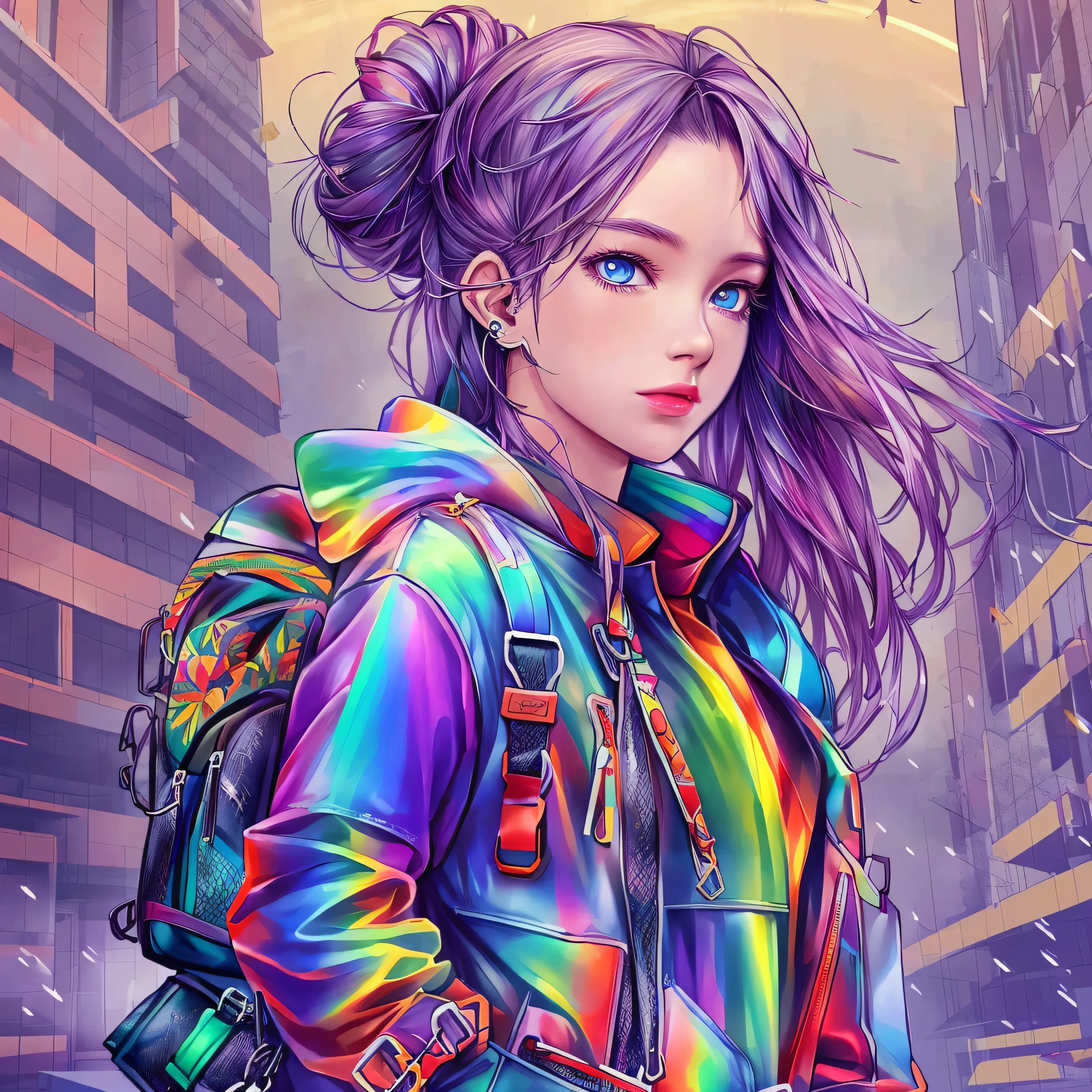 1Girl, highly detailed and anatomically accurate 8K resolution, charets, chains, hair blowing in the wind, girl in a jacket, rainy outdoors, rainbow colors, backpack seen from the side, digital painting and concept art popular at Art Station and Pixiv. --auto --s2