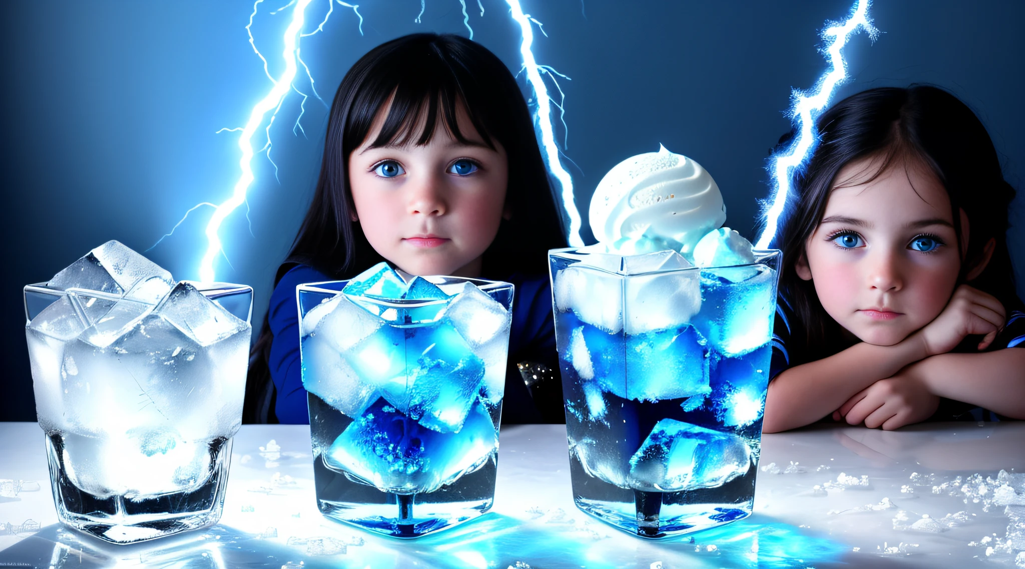3 girls Russian children with 10 years of age, WITH LONG STRAIGHT DARK HAIR, PORTRAIT STYLE, There are three ice cubes sitting on a table with a lightning bolt in the background, with ice powers, icy blue theme, ice cubes, blue ice, sparkling ice particles, ice magic, ice cubes around, ice cream, ice cream,  melted ice cube, made of ice, HD wallpaper, ice fragments, cold blue lighting