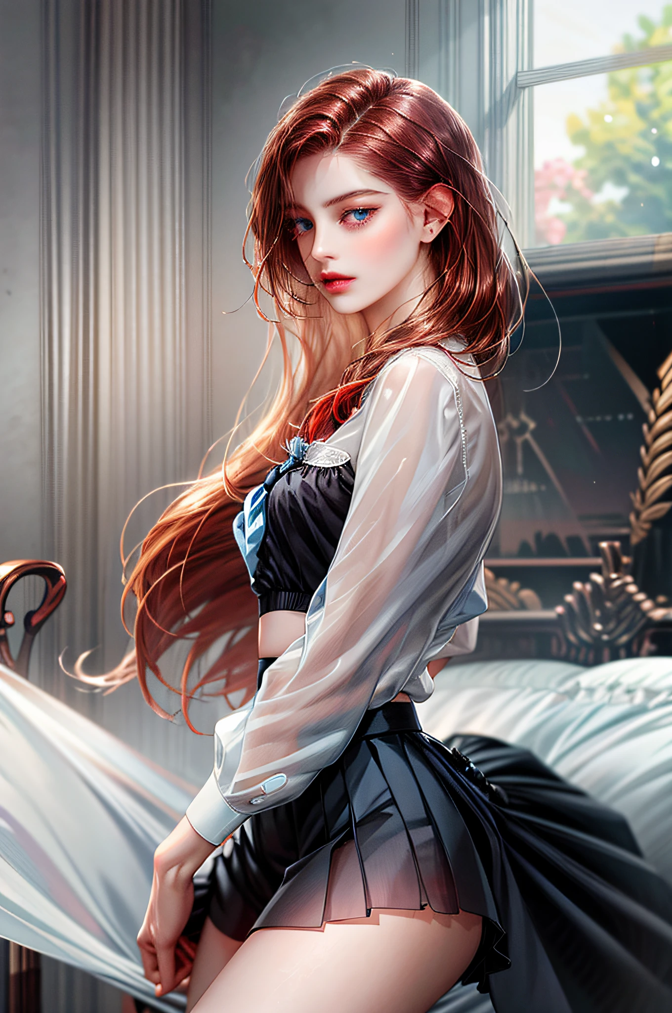 One creates a girl with dark red hair and blue eyes, beautiful, thin, flat, may be wearing a businessman's uniform, one with long hair, the other with short women, ((white sheer blouse, black mini skirt)), underwear bite, sexy pose, lower body slender,