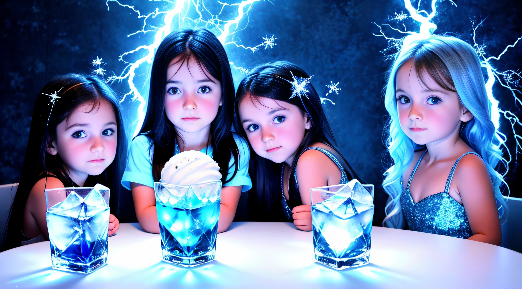 3 girls Russian children with 10 years of age, WITH LONG STRAIGHT DARK HAIR, PORTRAIT STYLE, There are three ice cubes sitting on a table with a lightning bolt in the background, with ice powers, icy blue theme, ice cubes, blue ice, sparkling ice particles, ice magic, ice cubes around, ice cream, ice cream,  melted ice cube, made of ice, HD wallpaper, ice fragments, cold blue lighting