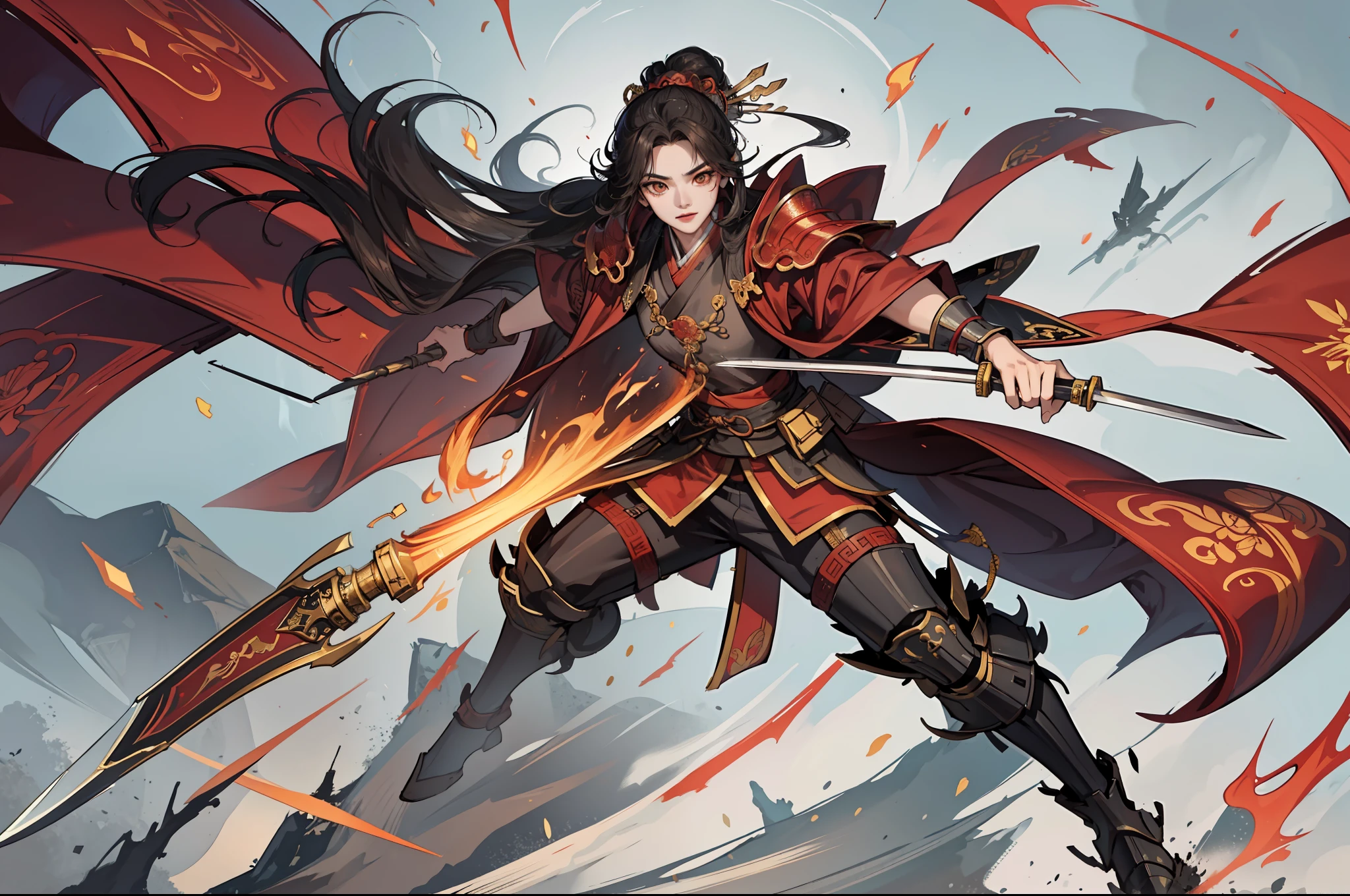 chinoiserie,The background is the ancient Chinese battlefield,An ancient Chinese female general、Holding a matching sword in his hand、Red robes、ARMOUR、A full body,Clear facial features,grim expression,Amazing facial features,Yellow sand is flying in the sky,Fleeing crowds,firelight,Game model,C4D, OCrenderer, edge light,The light is delicate,masterpieces,hyperdetailed,epic composition,Super HD,Quality,Max Quality,32k