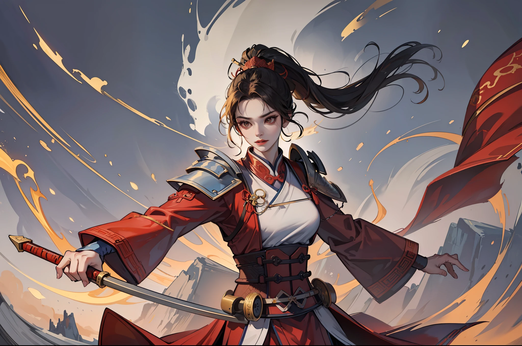 chinoiserie,The background is the ancient Chinese battlefield,An ancient Chinese female general、Holding a matching sword in his hand、Red robes、ARMOUR、A full body,Clear facial features,grim expression,Amazing facial features,Yellow sand is flying in the sky,Fleeing crowds,firelight,Game model,C4D, OCrenderer, edge light,The light is delicate,masterpieces,hyperdetailed,epic composition,Super HD,Quality,Max Quality,32k