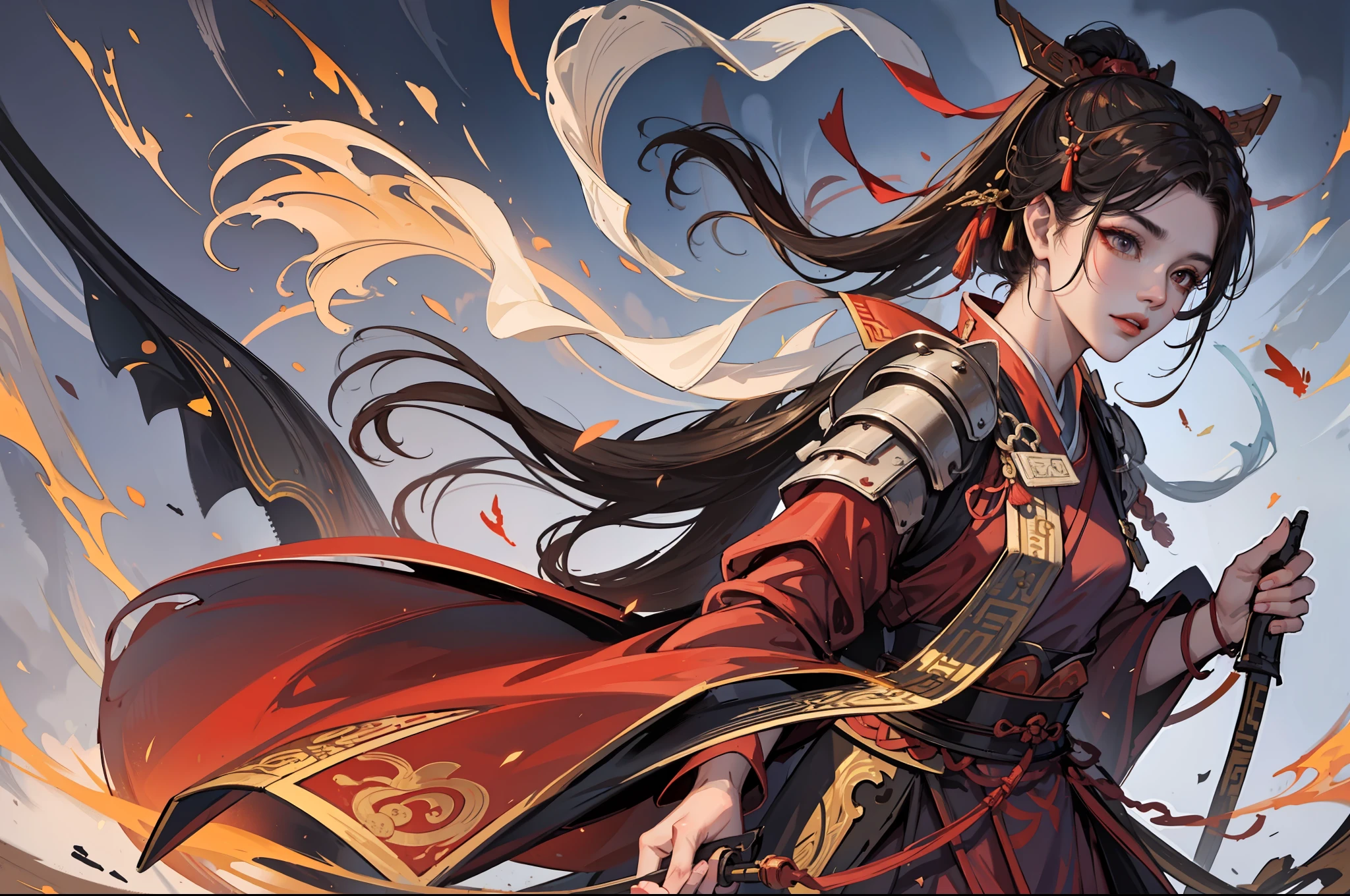 chinoiserie，The background is the ancient Chinese battlefield，An ancient Chinese female general、Holding a matching sword in his hand、Red robes、ARMOUR、A full body，Clear facial features，grim expression，Amazing facial features，Yellow sand is flying in the sky，Fleeing crowds，firelight，Game model，C4D， OCrenderer， edge light，The light is delicate，masterpieces，hyperdetailed，epic composition，Super HD，Quality，Max Quality，32k